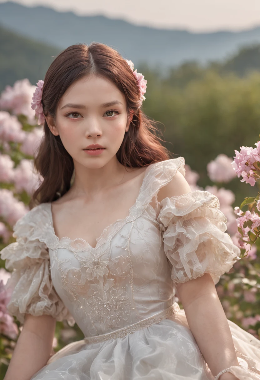 1girl, solo, (flower field:1.2), blossom, clouds and mountains ,(official art, unity 8k wallpaper, ultra detailed, beautiful and aesthetic, masterpiece ,best quality:1.3), ( dynamic angle, pastel tones:1.2), (floating colorful sparkles:1.1) , white dress, elegant, vivid colours, ultra-detailed face, detailed eyes, shiny skin, lustrous lips ,