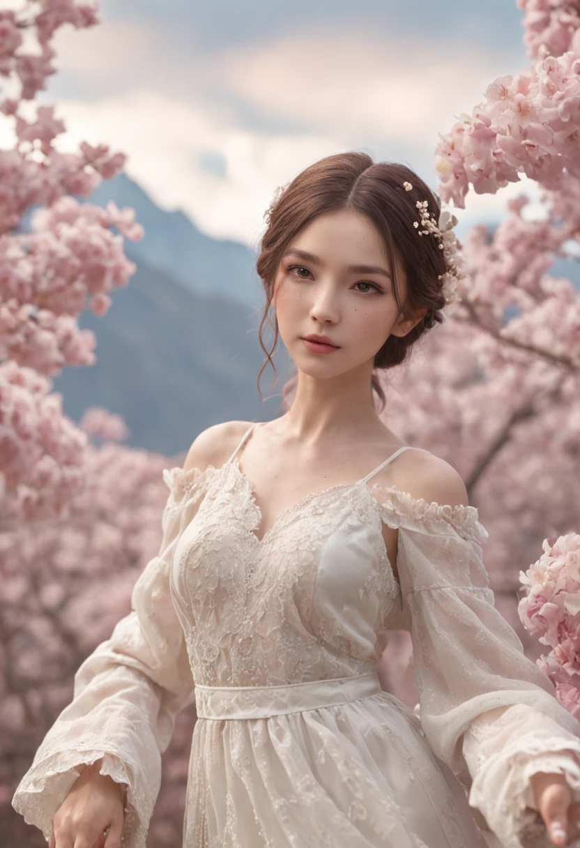 1girl, solo, (flower field:1.2), blossom, clouds and mountains ,(official art, unity 8k wallpaper, ultra detailed, beautiful and aesthetic, masterpiece ,best quality:1.3), ( dynamic angle, pastel tones:1.2), (floating colorful sparkles:1.1) , white dress, elegant, vivid colours, ultra-detailed face, detailed eyes, shiny skin, lustrous lips ,
