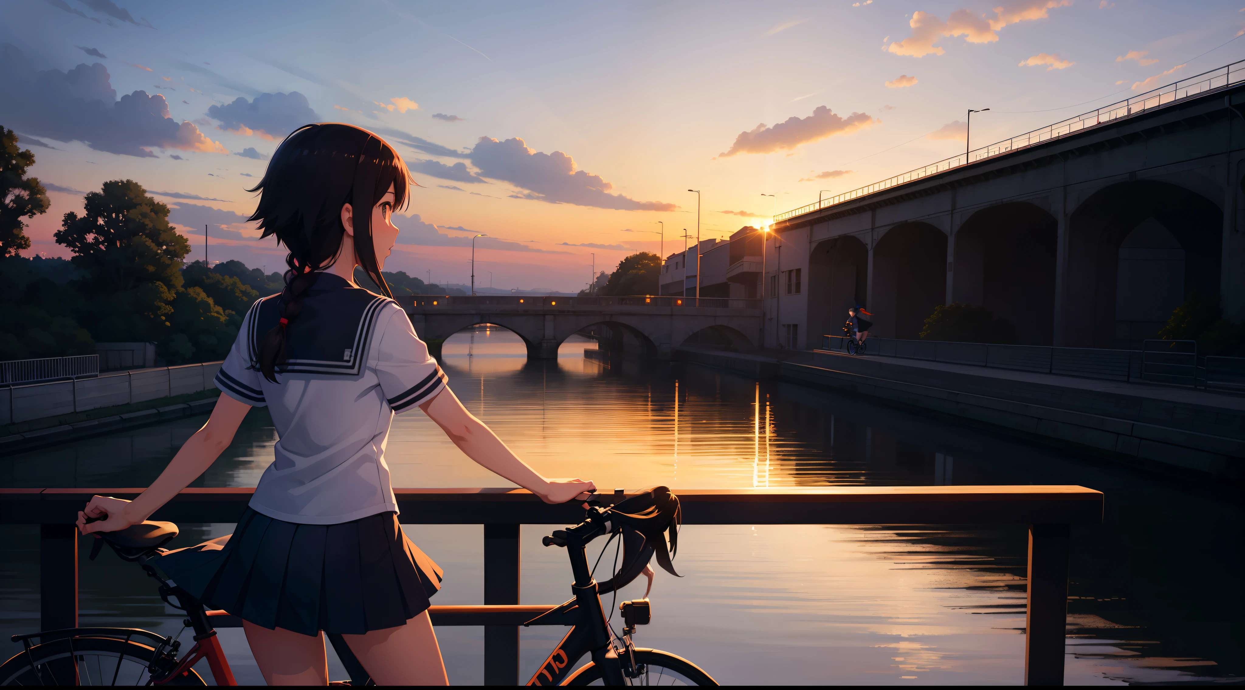 anime girl riding bicycle on a bridge looking at the sunset, bridge over canal, girl wearing school dress, silhouette, orange twilight sky, makoto shinkai style, makoto shinkai style, 2d