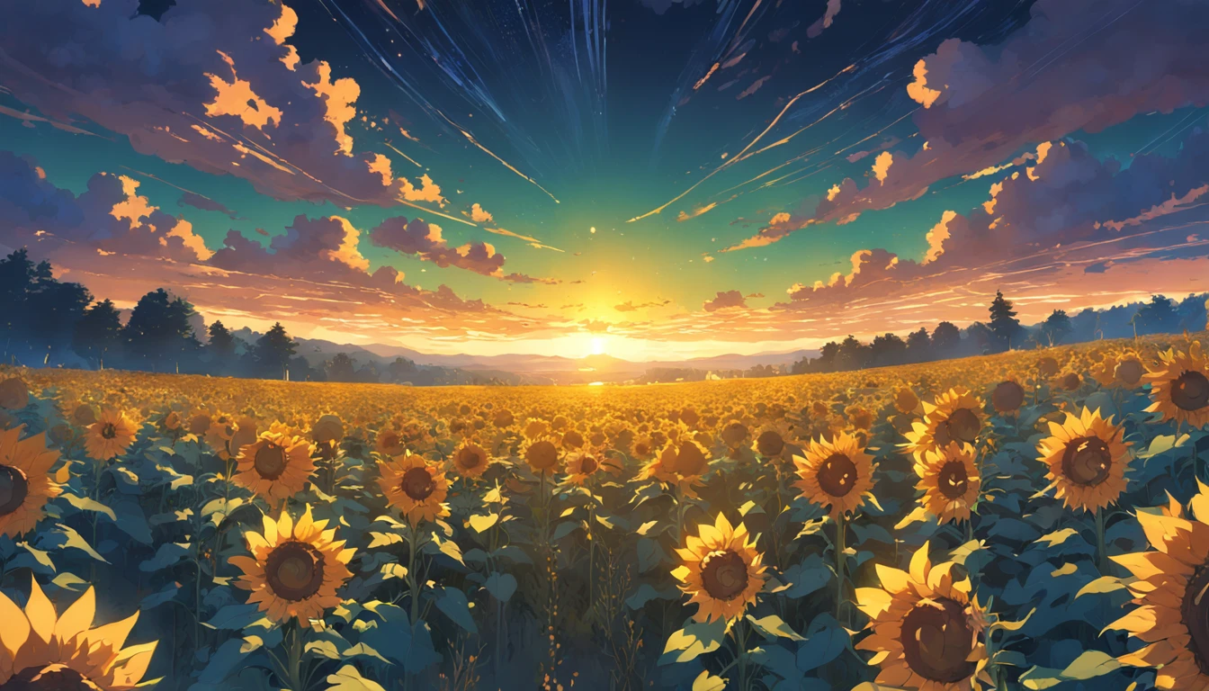 ((Midsummer Dusk)),sunflowers fields、twlight,Green Flash,landscapes,(Best Impact:1.5), (maximalism:1.7),Vivid contrast, (Realistic), hyperrealistic illustrations, hight resolution, ultra-detailliert, absurderes,(Fractal Art:1.3),Retro、Precise focus、cinema4d、Drama