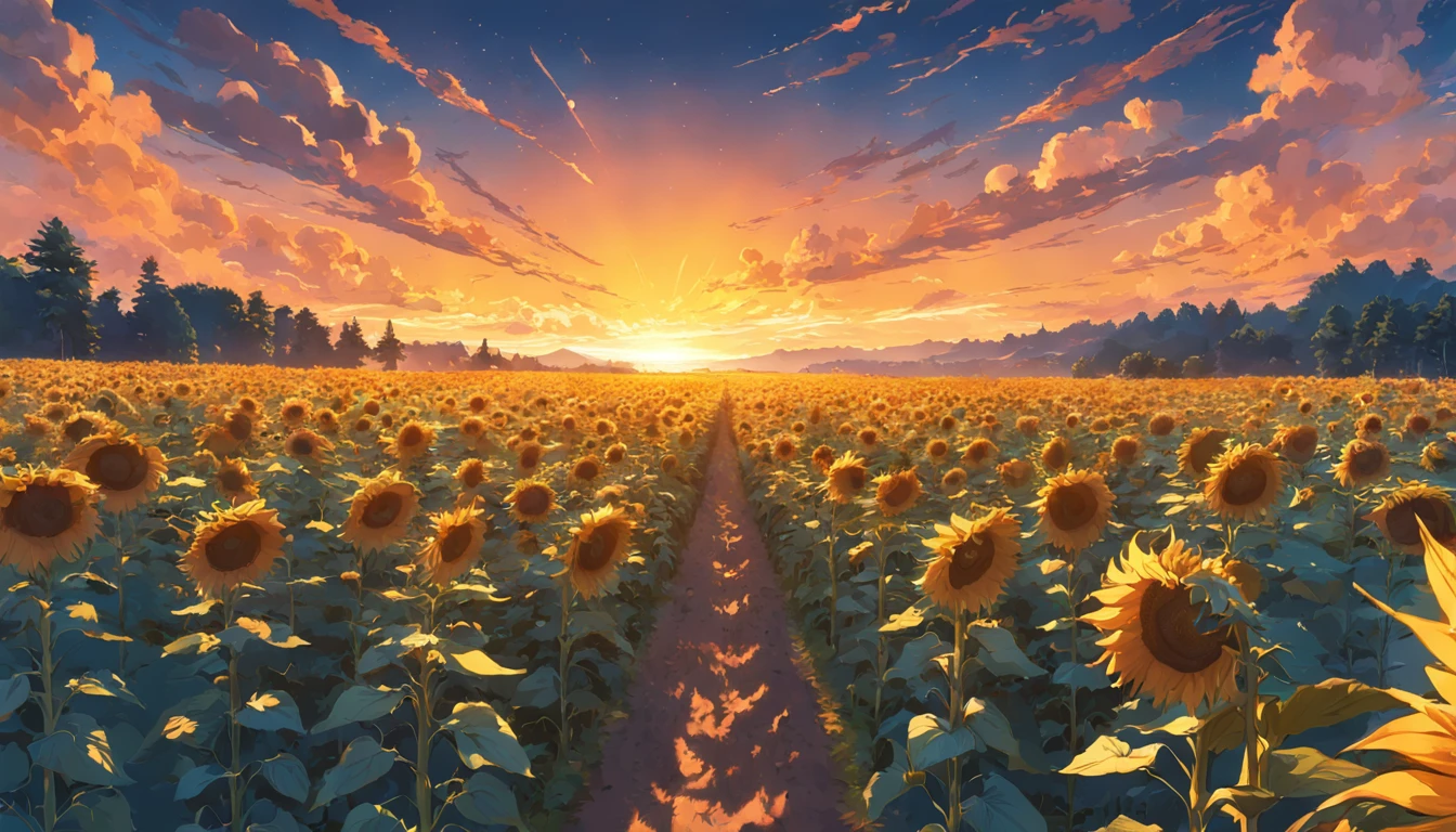 ((Midsummer Dusk)),sunflowers fields、twlight,Green Flash,landscapes,(Best Impact:1.5), (maximalism:1.7),Vivid contrast, (Realistic), hyperrealistic illustrations, hight resolution, ultra-detailliert, absurderes,(Fractal Art:1.3),Retro、Precise focus、cinema4d、Drama