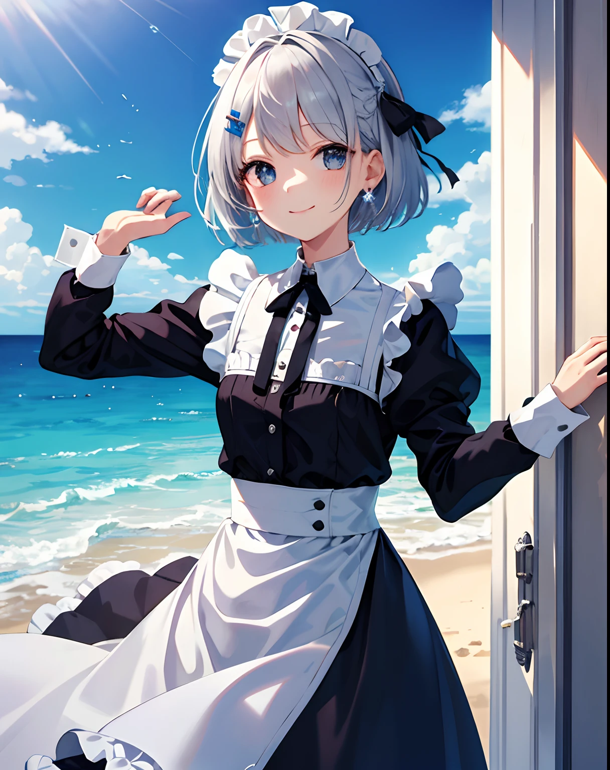 ((Best quality, Masterpiece)), Silver hair, 1 girl, Small incisions, Short hair fluffy, Sea, the maid outfit, hair adornments, Bear hairpin in hair, Blue sky, Smile