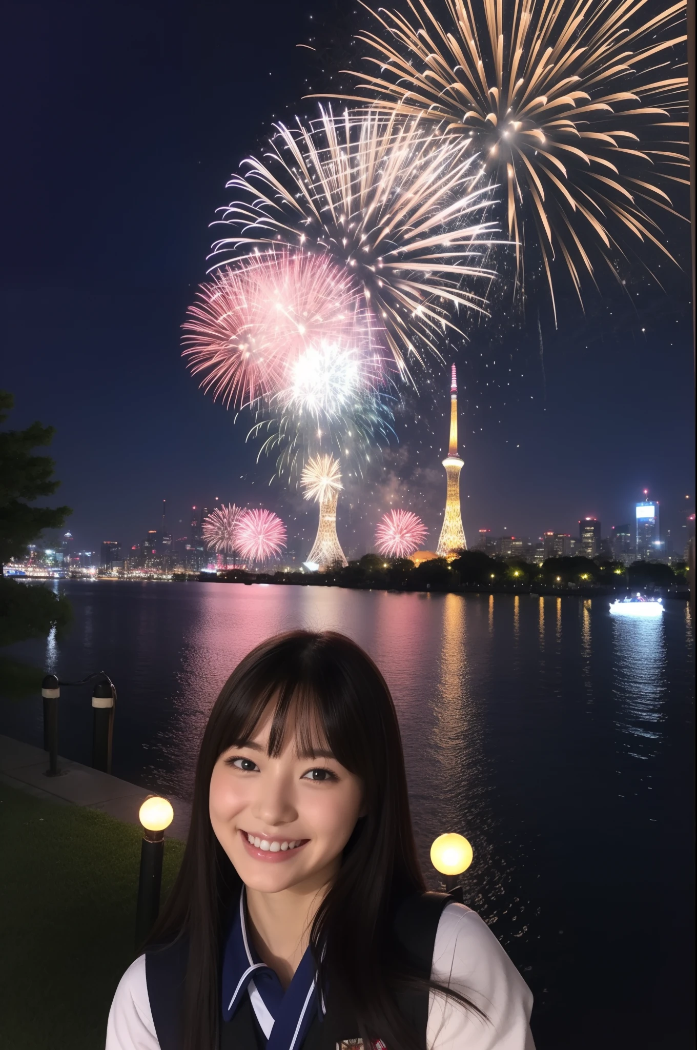 A smile、hi-school girl、校服、While doing fireworks、mare、Tokyo Skytree、cherry trees