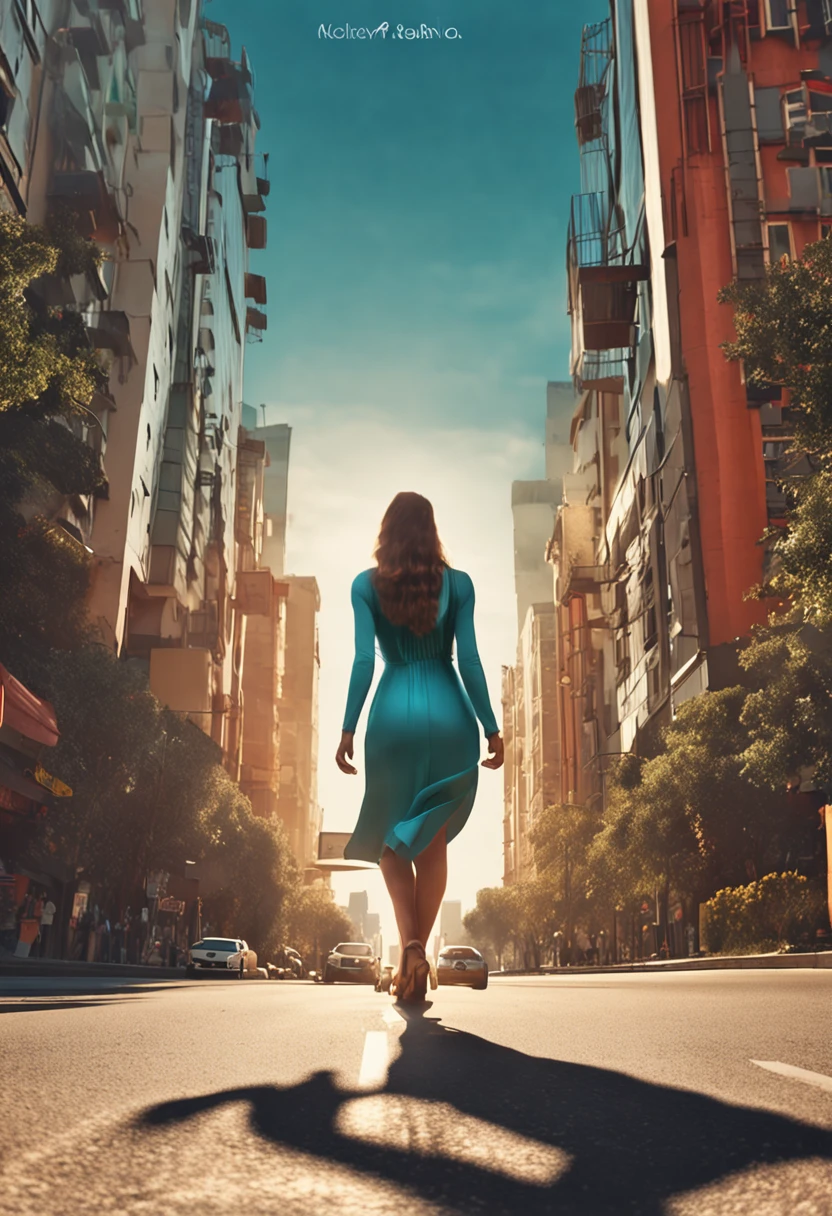 mulher gordinha com vestido longo, walking on a highway towards the sun with clear blue sky