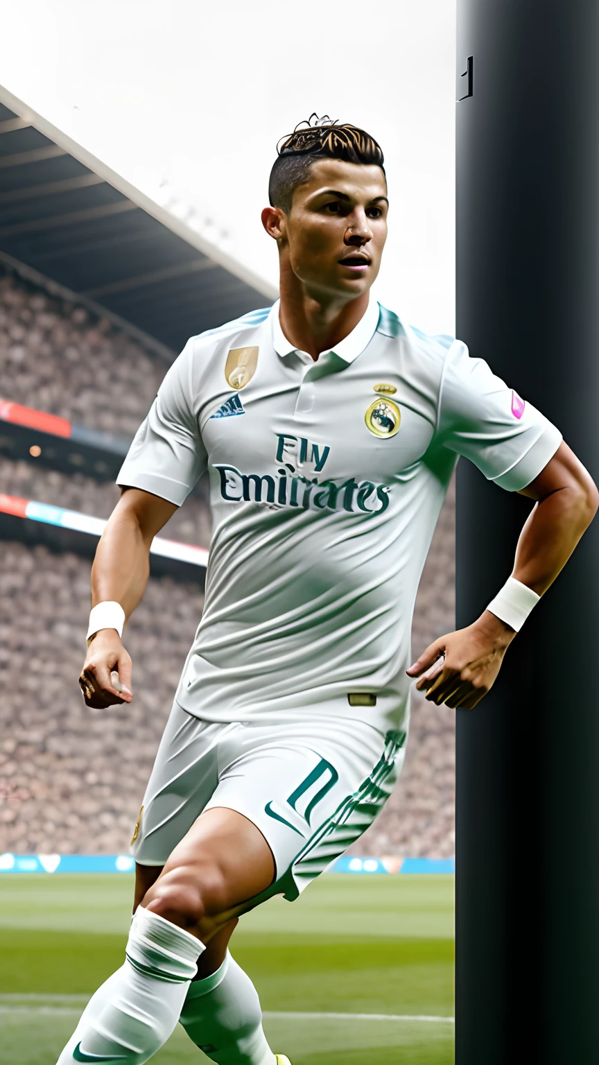 Uma foto profissional do Cristiano Ronaldo com terno do real Madri, Nike sponsorship,voar Emirates, Cristiano Ronaldo realista,8k