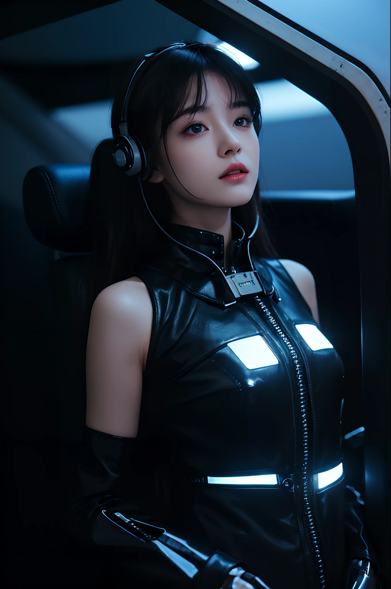 top-quality、master-piece、超High resolution、(real light:1.4)、RAW photo、1 girl、Black Hair、gleaming skin、1mechanical girl、((Super realistic detail))、portrait、Global Illumination、glossy、octanerender、10、Ultra Sharp、Colossal、Raw skin is revealed in cleavage..、Metal、Details of intricate jewelry、Headphone headset、Hydraulic cylinder、Gothloli Details、Realistic lighting、CGSoation trend、purple eyes、shining eyes、facing camera、neon details、mechanical limbs、blood vessels connected to tubes、mechanical vertebra attaching to back、mechanical cervial attaching to neck.、wires and cables connecting to head、Evangerion、cyberpunked、small LED lamp、central processing unit、lamp、perfect proportion、The background is the cockpit of a futuristic spacecraft..、