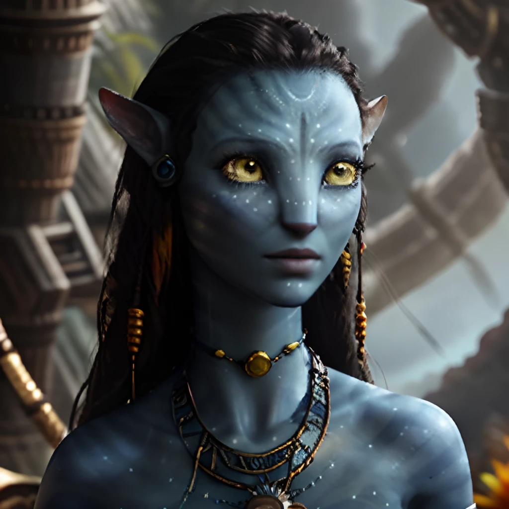 a close up of a woman with blue skin and a necklace, beautiful avatar pictures, james cameron avatar style, avatar movie, avatar, avatar ( 2 0 0 9 ), avatar image, female alien, mystique, yellow shiny eyes, female humanoid creature, avatar landscape, movie character, alien woman,