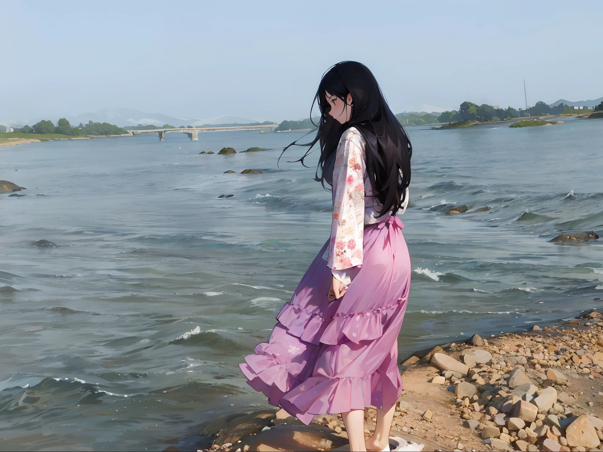 Araki woman standing on a rocky shore looking at the water, she is walking on a river, flowy hair standing on a rock, standing next to water, Long skirt, dressed in long fluent skirt, Long dress, wearing a long flowy fabric, dressed with long fluent clothes, Women's long skirt, with acient chinese clothes, near a jetty, photoshoot
