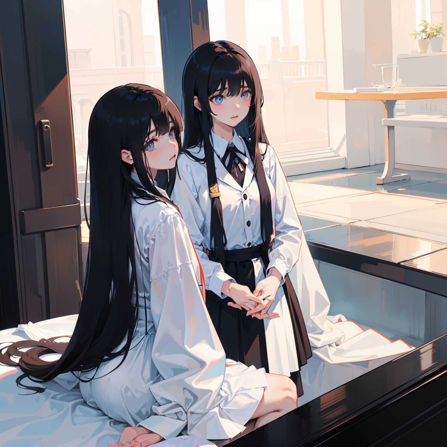 Two girls with long hair，White and black hair，hair flowing，Soulful gaze，is shy，take hand，Hold behind your back，Campus uniforms，Turn Back，starrysky，Black pupils