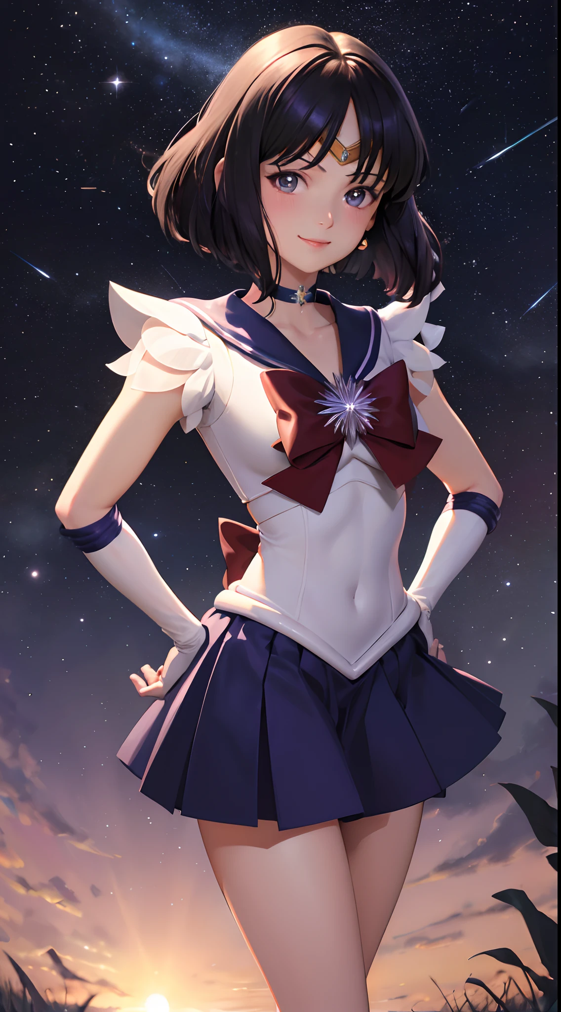 (absurdres, highres, ultra detailed, HDR), masterpiece, best quality, solo, 1girl, sailor saturn, magical girl, smile, closed mouth, looking at viewer, hand on hip, tiara, sailor senshi uniform, pleated skirt, elbow gloves, jewelry, brooch, choker
