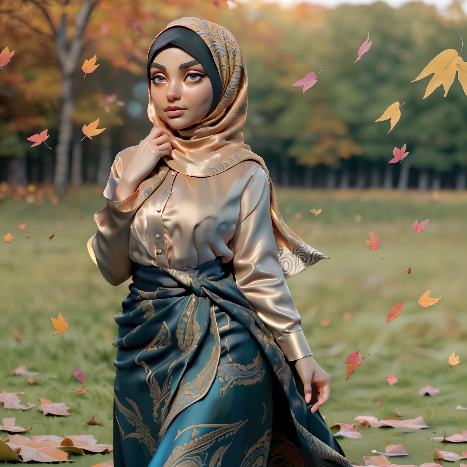 3DMM, ((Masterpiece, best quality, photography, detailed skin, realistic, photo-realistic, 8k, highly detailed, full length frame, High detail RAW color art, diffused soft lighting, shallow depth of field, sharp focus, hyperrealism, cinematic lighting, hijab, a woman in a beautifully makeup, smokey eyeshadow, beautiful big eyes, long eye lashes, wearing (aqua satin hijab), loosely tide hijab style, ((caftans satin shirt)), satin long maxi skirt, standing under the maple forest, The leaves fell into her hands, autumn, orange teal colour grading