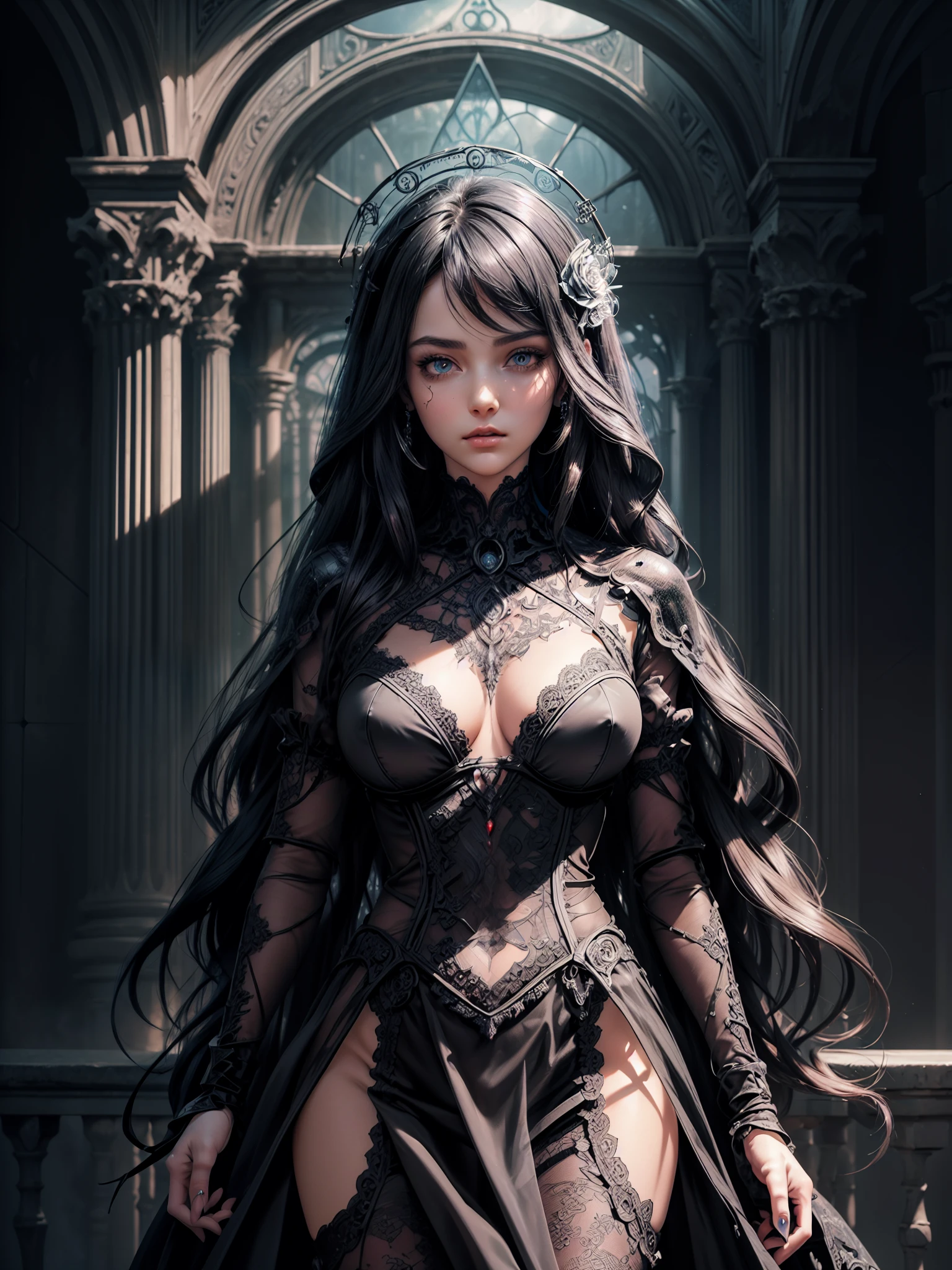 [Detailed illustrations, art based on extremely ideal anatomy, Very detailed and detailed drawing, slow and delicate lines, realistic texture expression],((Color tressed main line)),(Artwork with outstanding craftsmanship),(Ruins background),MACHINEAlice HENTAI ANIME Beauty (Tall (Tall))  Smooth straight hair (long transparent hair) automaton,Black Dress Black Rose ((Lace pattern) (thorn)) (Alien Armor Chain (Transparent material)) (Cybernetic Gothic Lolita (Titanium Alloy)),(((Bondage:0.4)))),((Fine and beautiful skin expression (Transparency))),((Clear gaze)),((Perfect eye details (nicely drawn eyes)))),(Beautiful perfect face ( Realistic facial details)),((Beautiful hair details)),(perfectly proportions)),(Design built to a high level,(((Advanced structural understanding of materials)),Ideal color coordination),((artistic décor))) ((Dense details)),(detail,High definition)),[(ultra-precise detail),(((Many-Layer Textures)), high high quality,high resolution],((Accurate simulation of light-material interaction, Understanding Airflow, mechanically correct representation)),(((Visual art with a sense of narrative)).