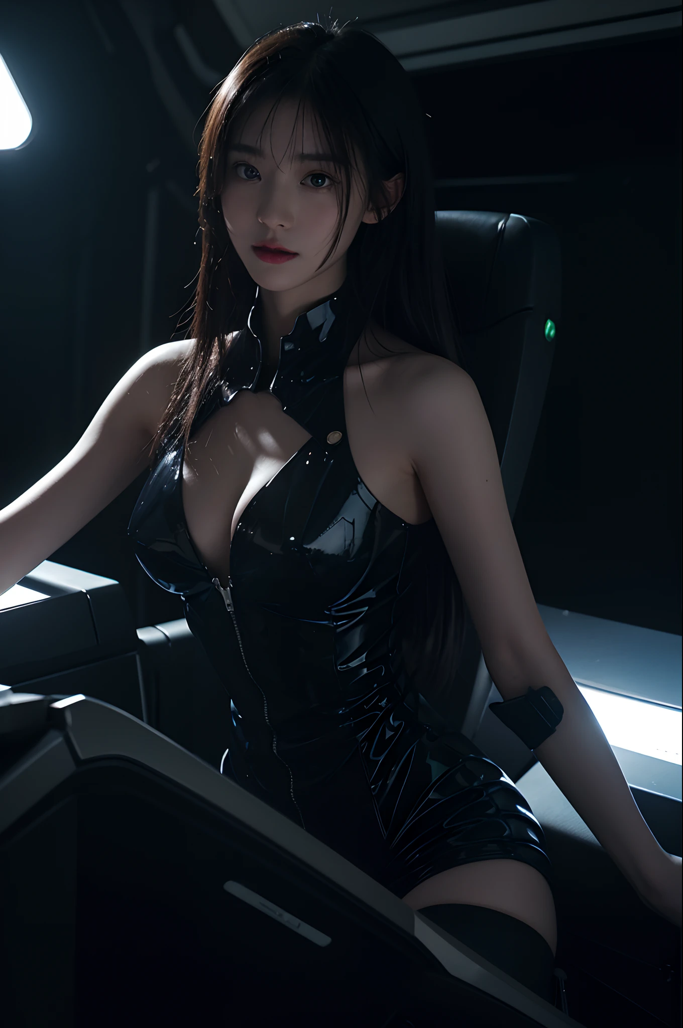 top-quality、master-piece、超High resolution、(real light:1.4)、RAW photo、1 girl、Black Hair、gleaming skin、1mechanical girl、((Super realistic detail))、portrait、Global Illumination、glossy、octanerender、10、Ultra Sharp、Colossal、Raw skin is revealed in cleavage..、Metal、Details of intricate jewelry、Headphone headset、Hydraulic cylinder、Gothloli Details、Realistic lighting、CGSoation trend、purple eyes、shining eyes、facing camera、neon details、mechanical limbs、blood vessels connected to tubes、mechanical vertebra attaching to back、mechanical cervial attaching to neck.、wires and cables connecting to head、Evangerion、cyberpunked、small LED lamp、central processing unit、lamp、perfect proportion、The background is the cockpit of a futuristic spacecraft..、
