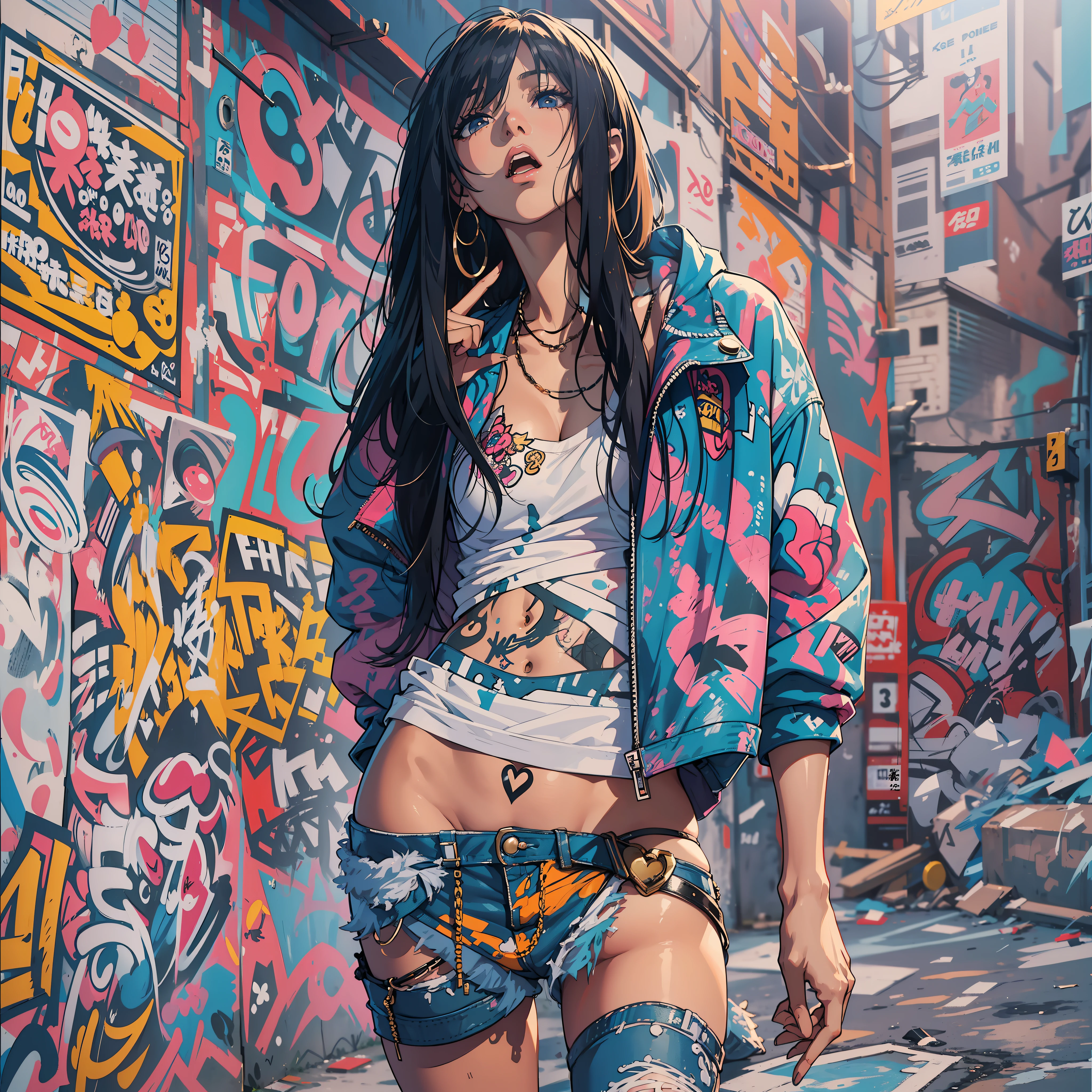 One Girl In A Back Alley、(Super Detail)、(8K)、((Hip Hop Fashion))、(full body Esbian)、(Fashion of the 90s)、(Brilliant limbs)、(Delicately drawn figures)、(Back alley decorated with graffiti)、tobacco、(Women's Fashion)、(Colorful and pop design)、(Around the back alley)、(Iconic art and posters of the 90s)、(Middle Finger)、Female facial expressions、(the pose)、(Spirit of the times)
