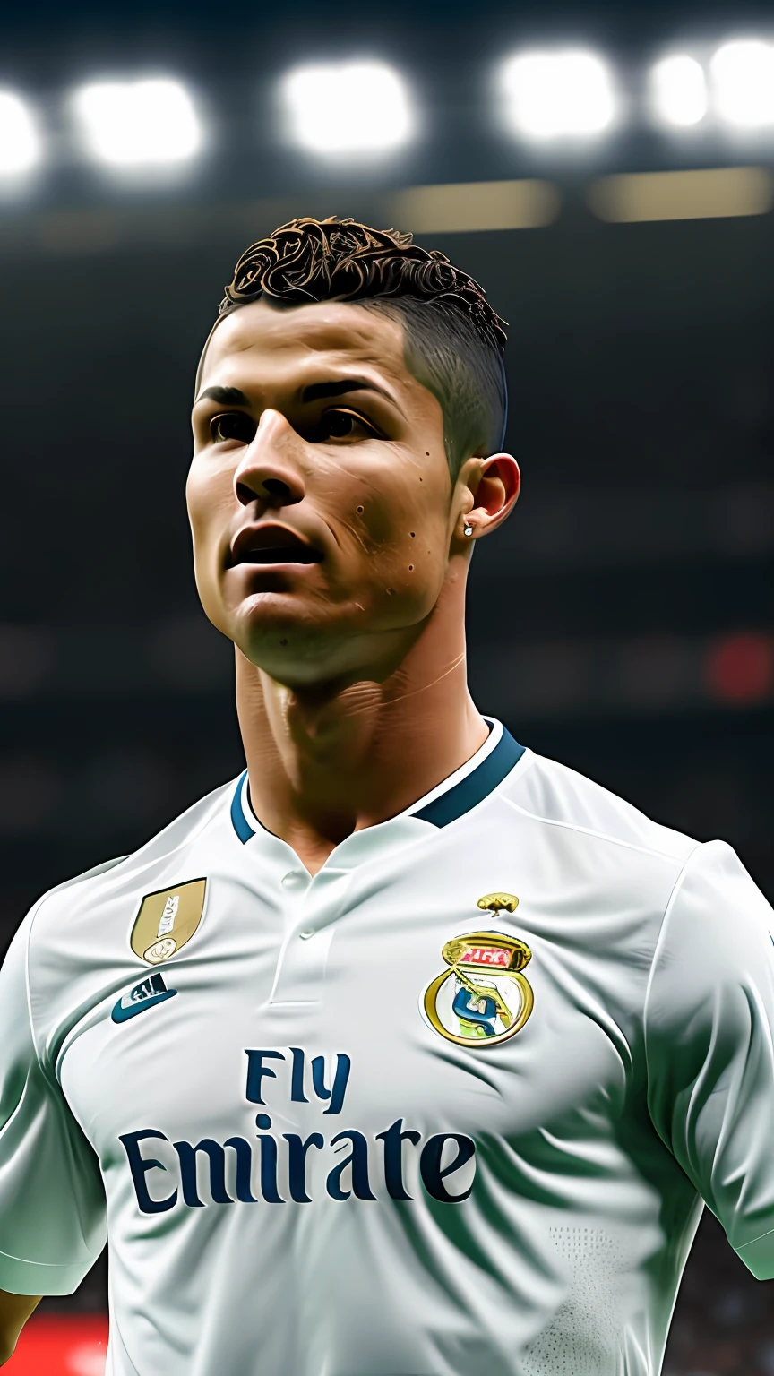 Uma foto profissional do Cristiano Ronaldo com terno do real Madri, Nike sponsorship,voar Emirates, Cristiano Ronaldo realista,8k