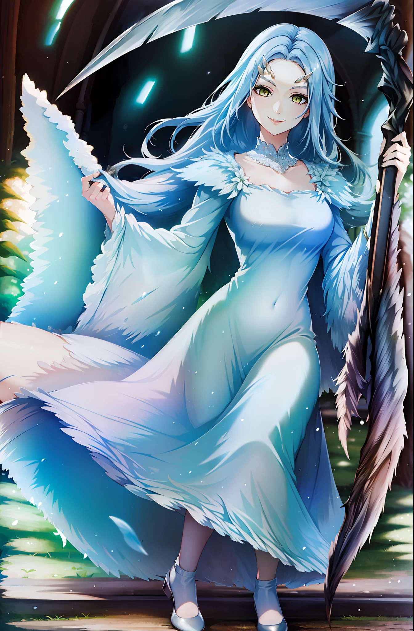 ((masterpiece)), ((best quality)), ((highres)), ((finely detail)), 1girl,priscilla the crossbreed, holding scythe, white dress, full body,smile