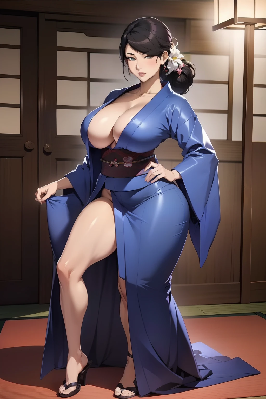 1womanl， （tmasterpiece： 1.3），Beautiful mature Japanese woman， detailed finger， beautiful hand， hyper realisitc， 1womanl， （Sagging breasts， Bewitching body： 1.2） brunette color hair： 1.1， Super detailed face， Detailed lips， Detailed eyes， 二重まぶた， Sexy low-cut neckline kimono， Open neckline， Sagging chest， Side posture， visible curves，full body1:1，The King of Fighters 97 Mary