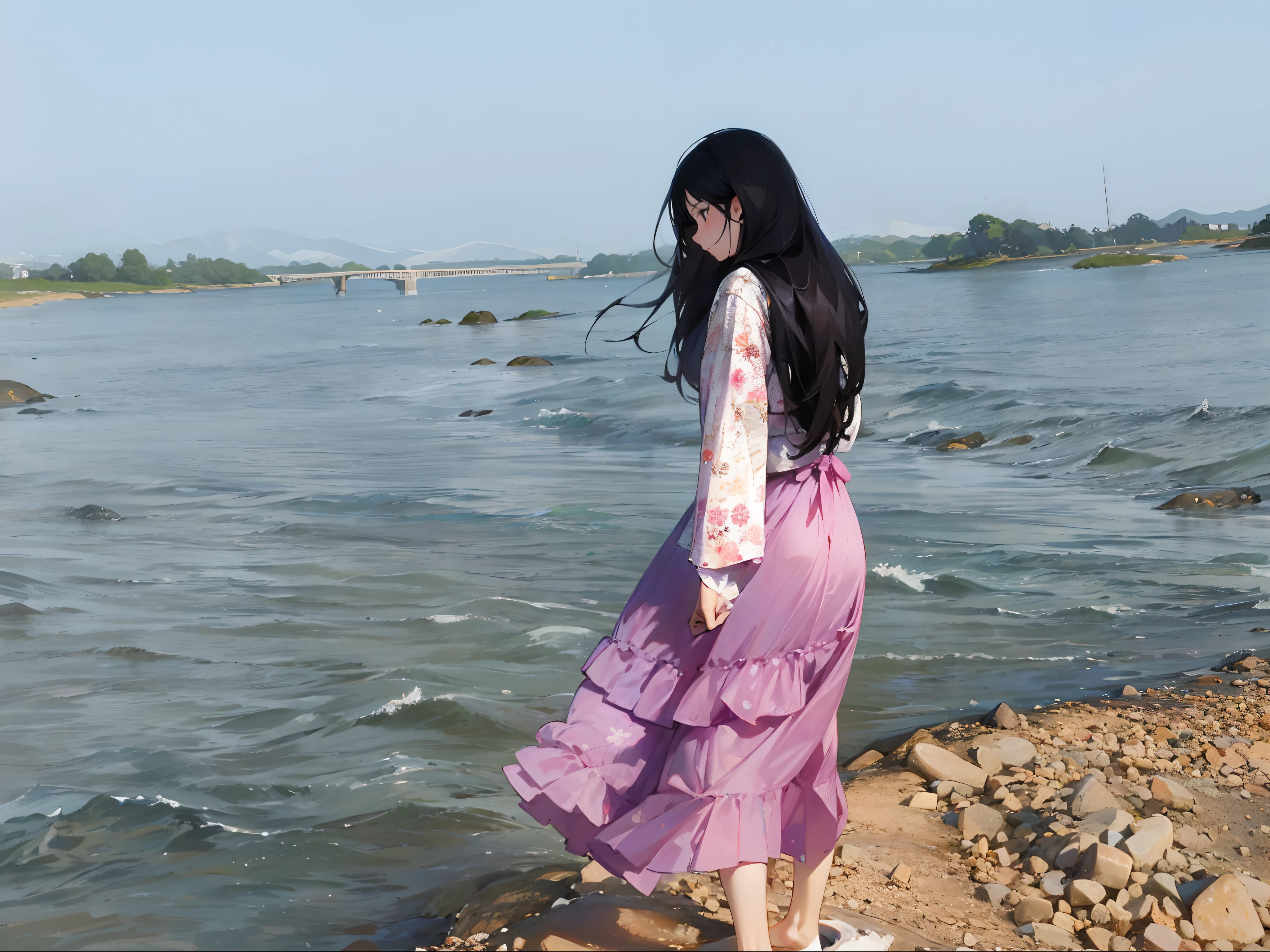 Araki woman standing on a rocky shore looking at the water, she is walking on a river, flowy hair standing on a rock, standing next to water, Long skirt, dressed in long fluent skirt, Long dress, wearing a long flowy fabric, dressed with long fluent clothes, Women's long skirt, with acient chinese clothes, near a jetty, photoshoot