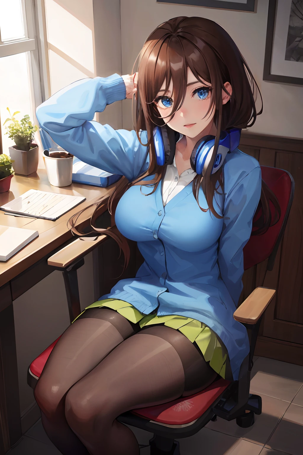 absurdres, best quality, 1girl, solo, eye focus, looking at viewer, Miku, Blue Cardigan, brown hair