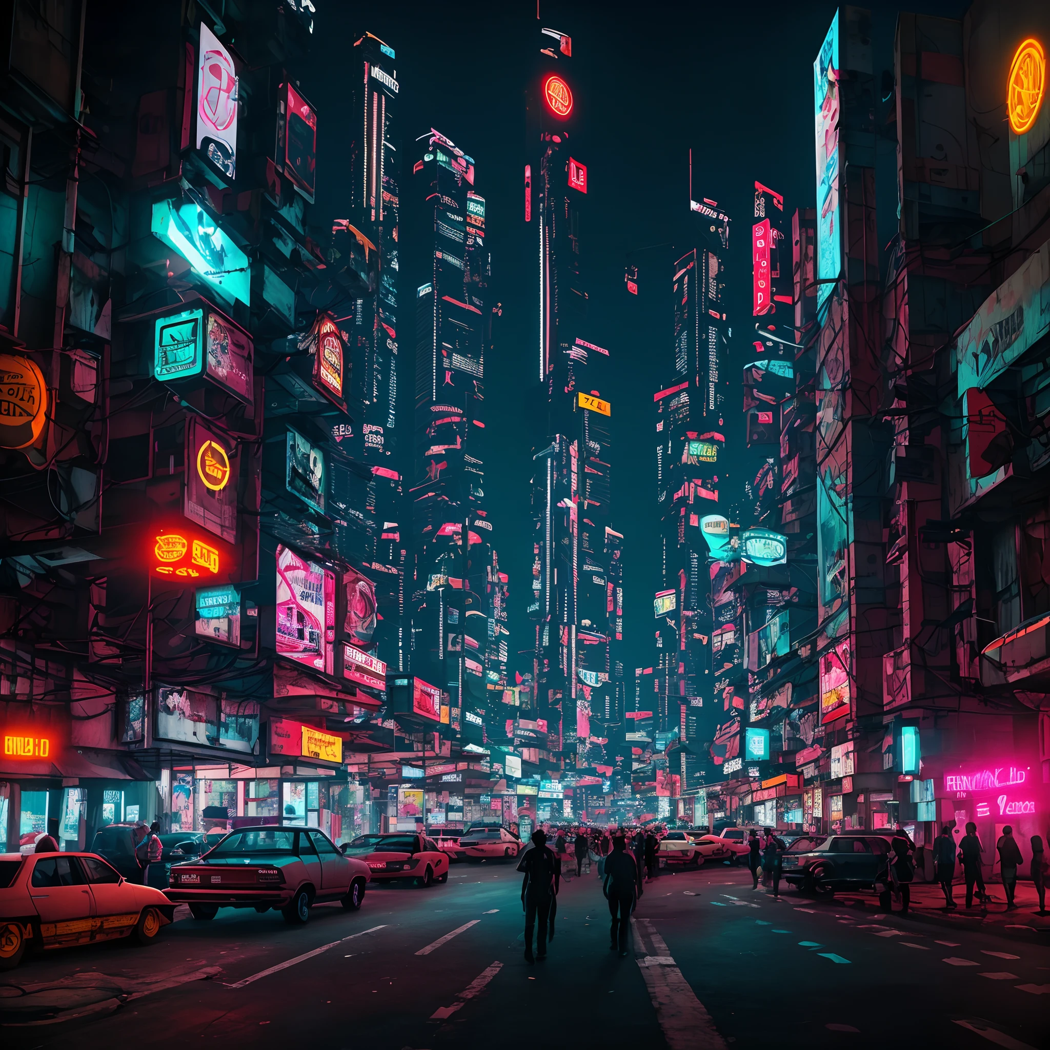 cidade cyberpunk, noite, neon, pessoas, movimentada, carros, propagandas, ultra realista, foto realista
