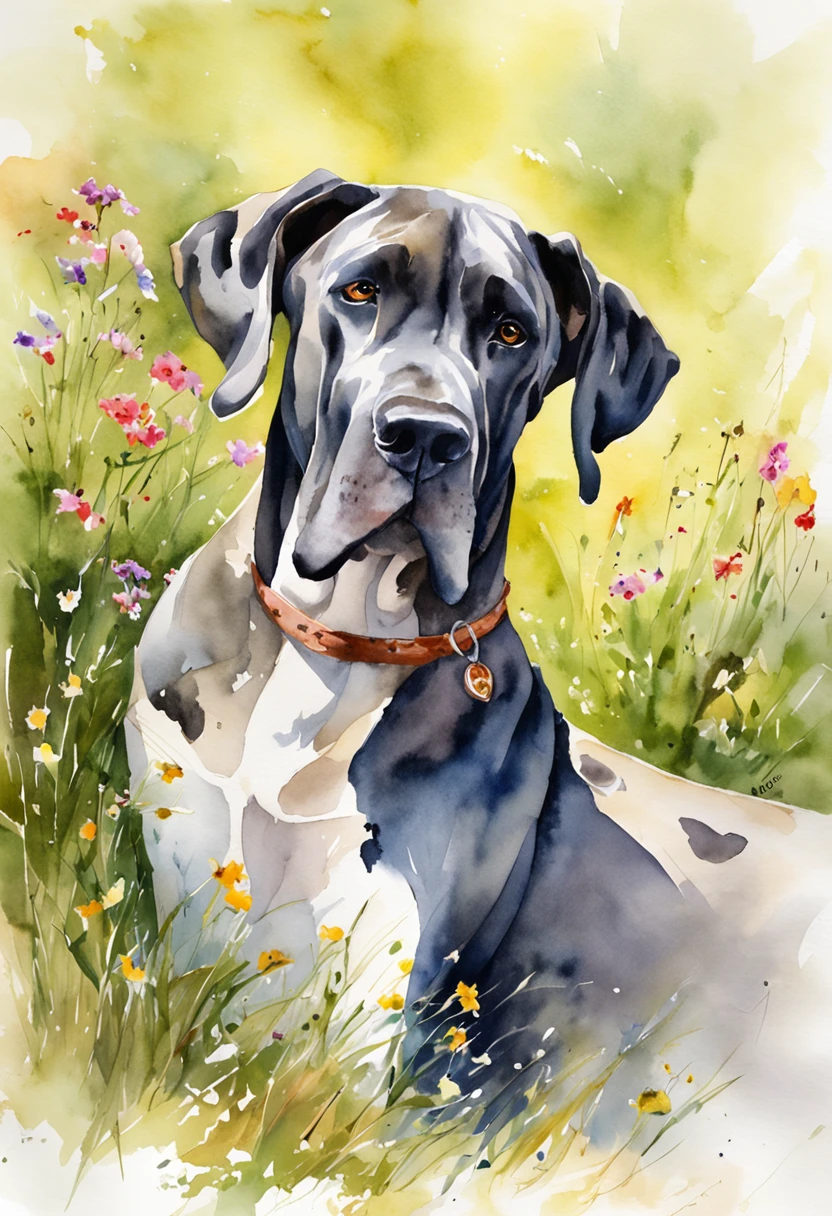 Great Dane basking in the sun on a grassy hill in the Italian countryside, Her fur shines in the light.
