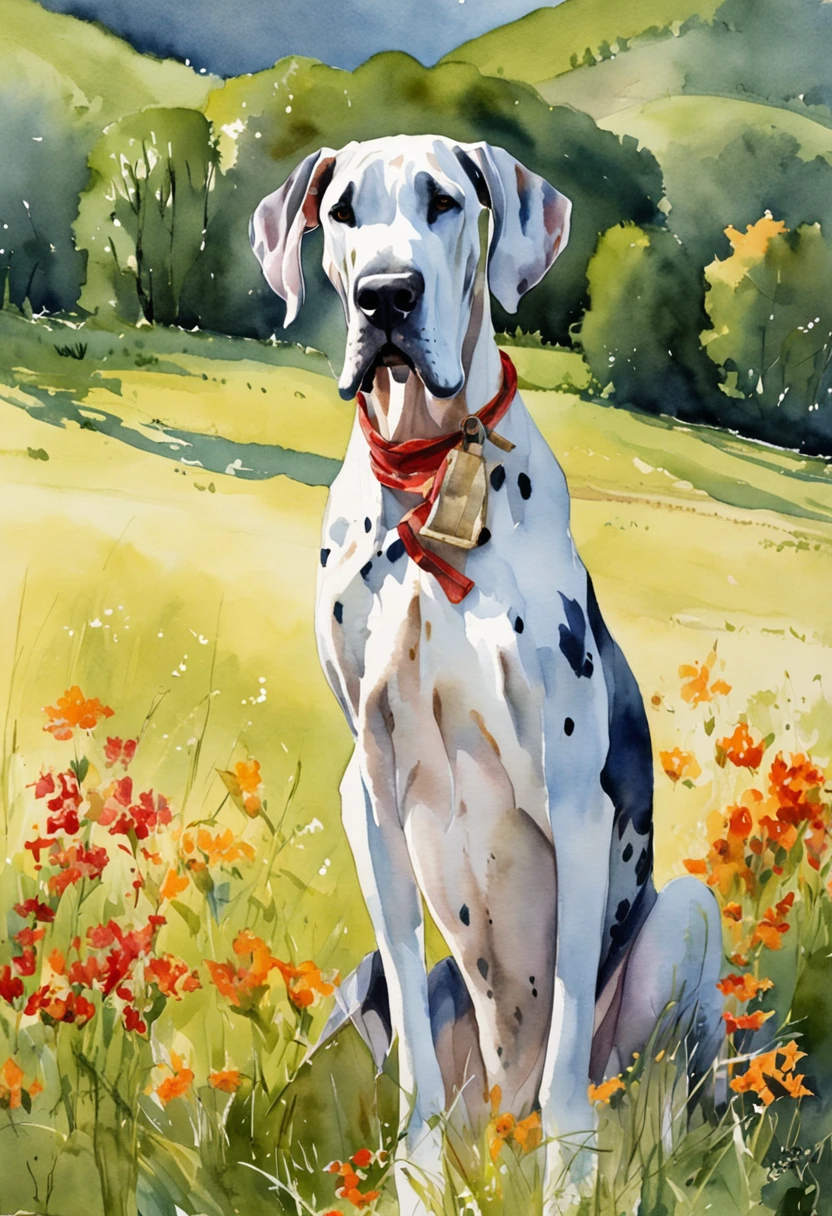 Great Dane basking in the sun on a grassy hill in the Italian countryside, Her fur shines in the light.