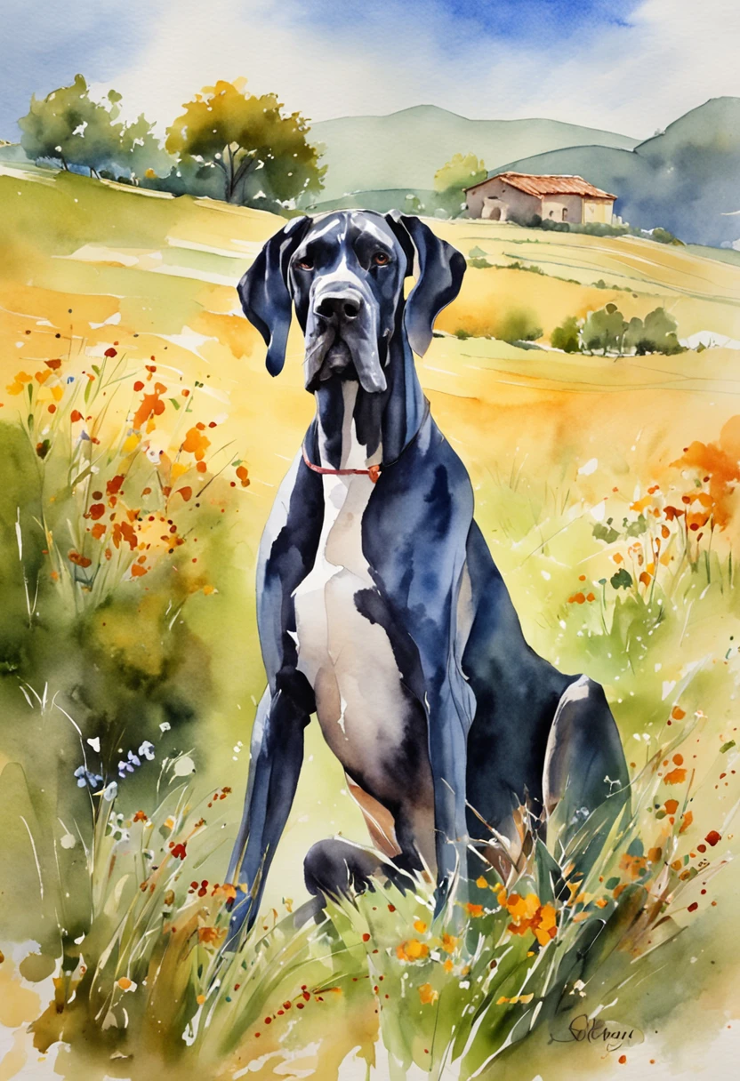 Great Dane basking in the sun on a grassy hill in the Italian countryside, Her fur shines in the light.