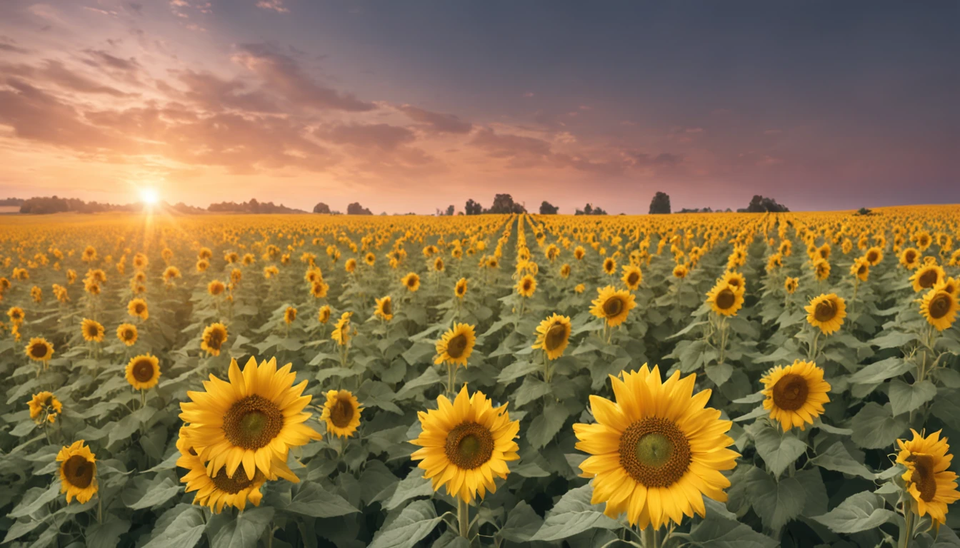 ((Midsummer Dusk)),sunflowers fields、twlight,Green Flash,landscapes,(Best Impact:1.5), (maximalism:1.7),Vivid contrast, (Realistic), hyperrealistic illustrations, hight resolution, ultra-detailliert, absurderes,(Fractal Art:1.3),Retro、Precise focus、cinema4d、Drama