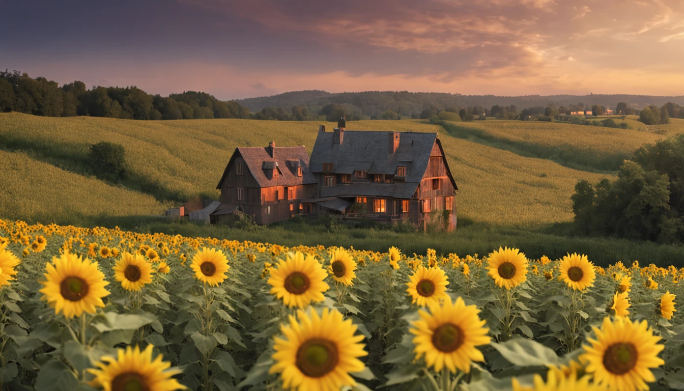((Midsummer Dusk)),sunflowers fields、twlight,Green Flash,landscapes,(Best Impact:1.5), (maximalism:1.7),Vivid contrast, (Realistic), hyperrealistic illustrations, hight resolution, ultra-detailliert, absurderes,(Fractal Art:1.3),Retro、Precise focus、cinema4d、Drama
