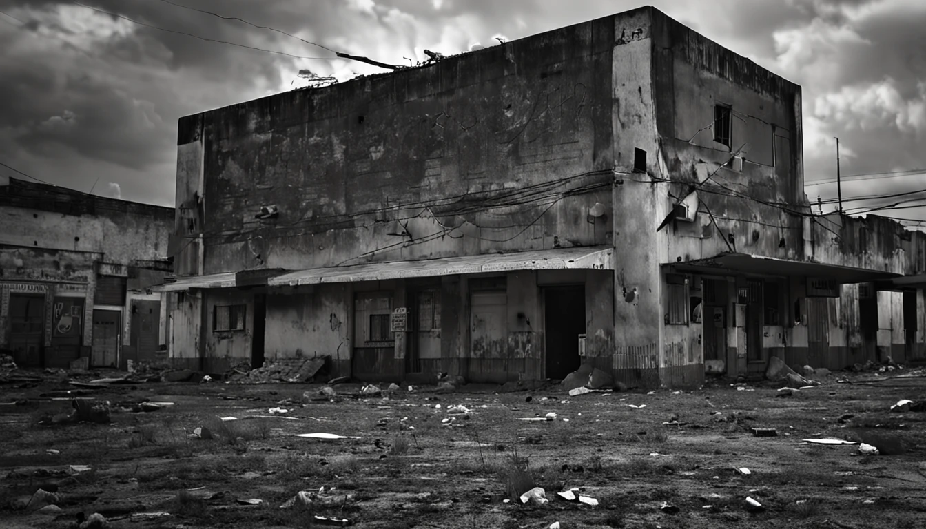 apocalypse landscape, ciudad abandonada, supermercado, Cloudy day, oscuro, sin experiencia, refugio