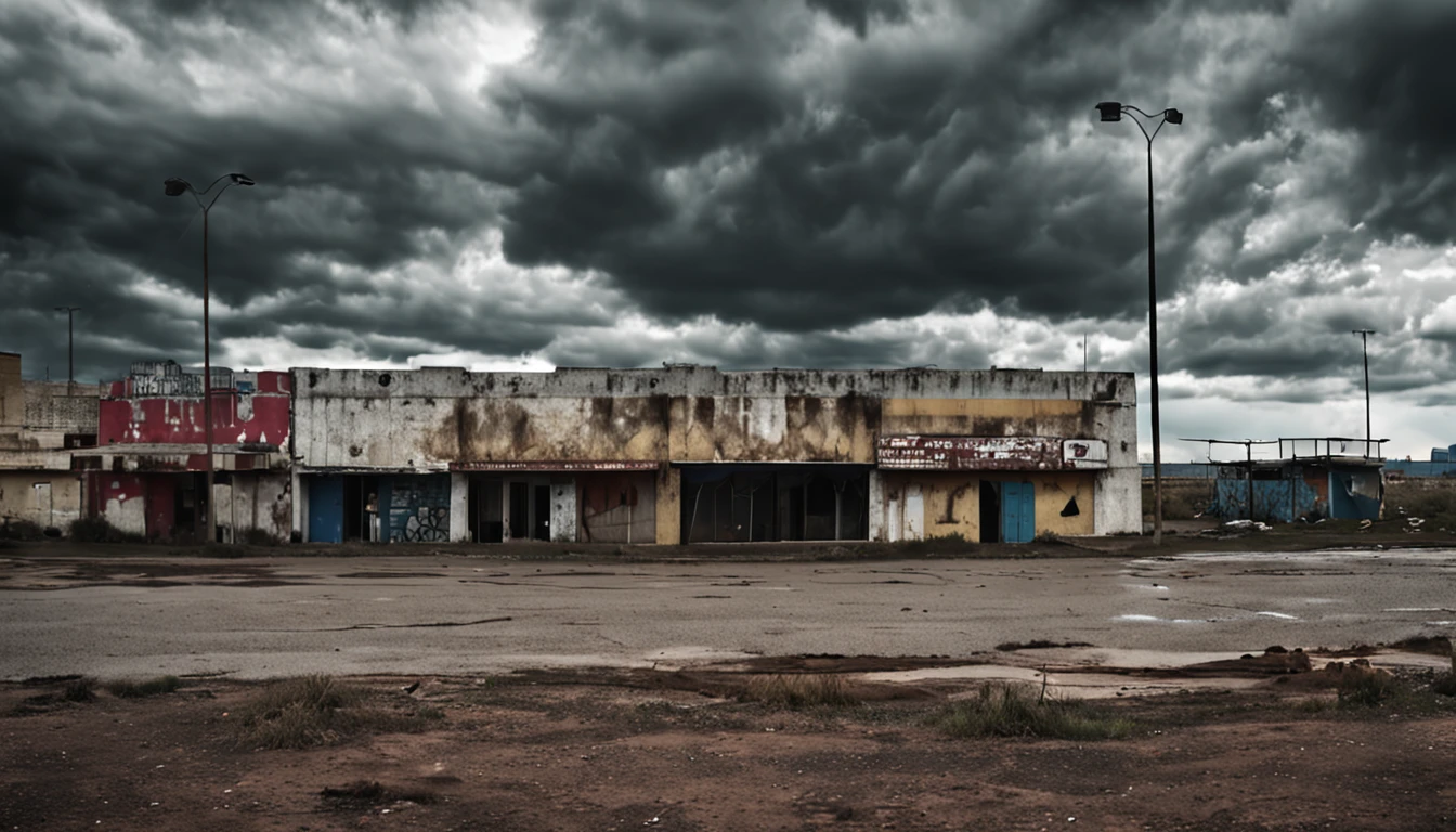 apocalypse landscape, ciudad abandonada, supermercado, Cloudy day, oscuro, sin experiencia, refugio