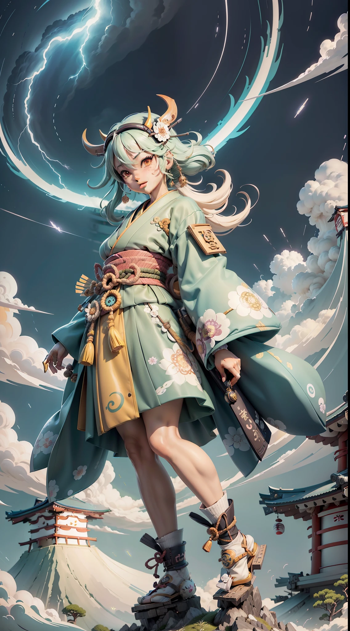 (Daisaku),(Need),(Super meticulous),(full bodyesbian:1.2), (The god of wind and thunder in Japan:1.5)，They are back to back，Smile confidently，3C computer sub-products，iPad， iphone，Digital painting，3D character design by Akira Toriyama and Mark Claireden and Pixar and Hayao Miyazaki，The illustration is a high-definition illustration in 4K resolution，With very detailed facial features and cartoon-style visuals。​​clouds， Skysky， drak， exteriors， daysies， build， mostly cloudy sky， 城市， with light glowing，