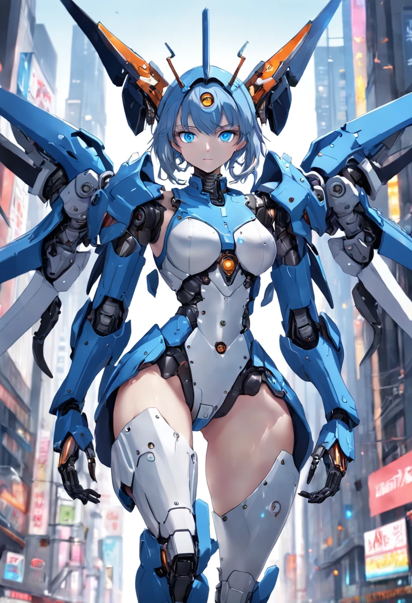 Robot, Top Quality, High Definition, Ultra Detail, Masterpiece, 8K Wallpaper, Metallic Color, Blue Eyes, Absurdity, High Resolution, Ultra-fine Illustration, Absurdity, Solo, Game CG, Lord, Sky, (Black Light: 1), (Detailed Beautiful Face and Eyes: 1.0), (Full Body Feminine Form: 1.5), Command Spell, Mecha Girl, Mask, Mechanical Parts, Robot Joint, , Full Armor, (Full Body: 1.5), Glowing eyes, mecha, (flying, flying), watching the viewer, skinny, mechanical wing,