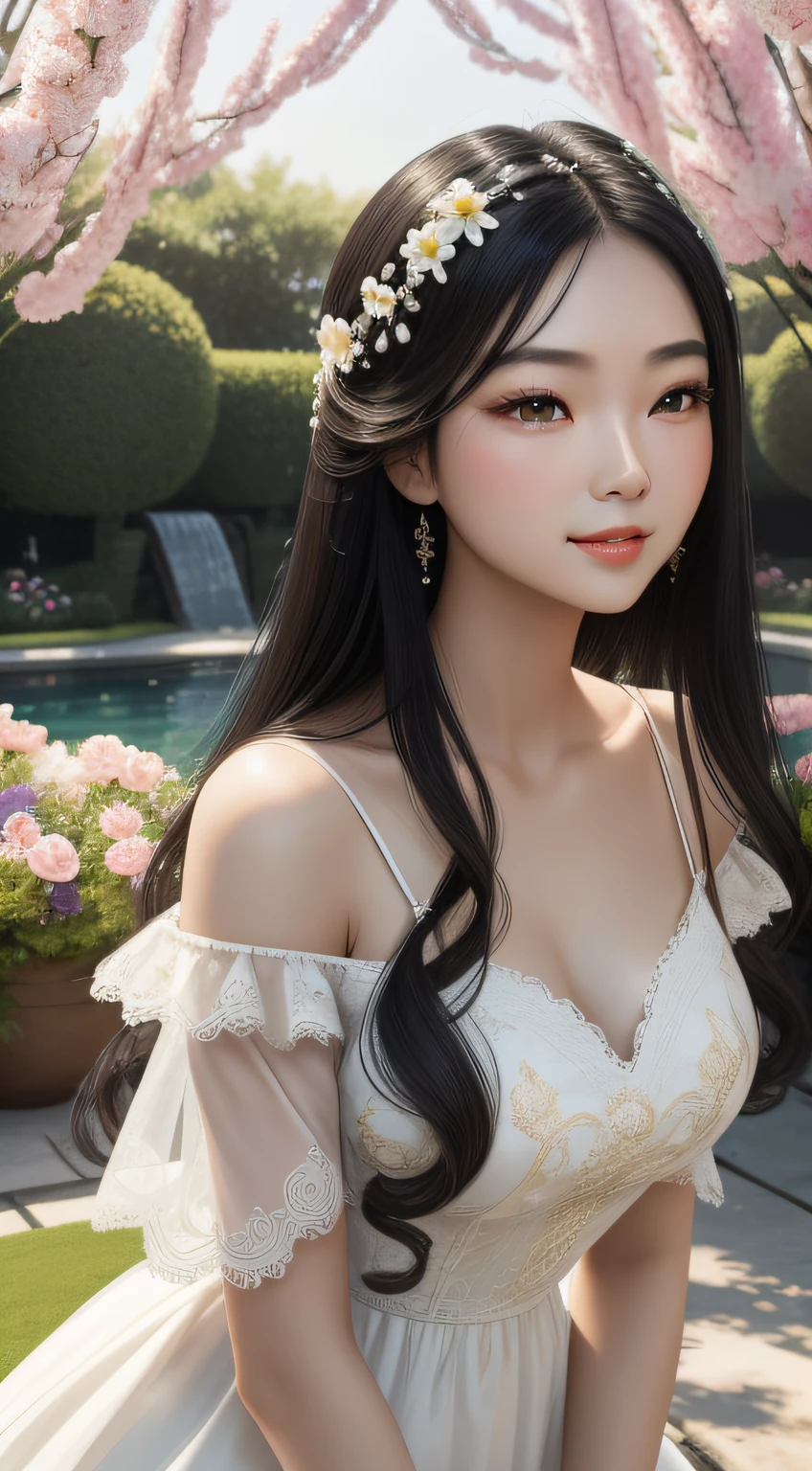 Garden background,A hundred flowers compete for spring,A Chinese girl with beautiful long black hair,Perfect facial features,Sweet smiling,Beautiful big watery eyes,Double eyelids and long eyelashes,Redlip,Perfect lip shape,Perfect eyebrow shape,White skin of the,Delicate collarbones,Wearing a white dress with a lace-trimmed embroidery with delicate embroidery,facing to audience,Pure lust,plumw,detail-rich,8k,Works of masters,