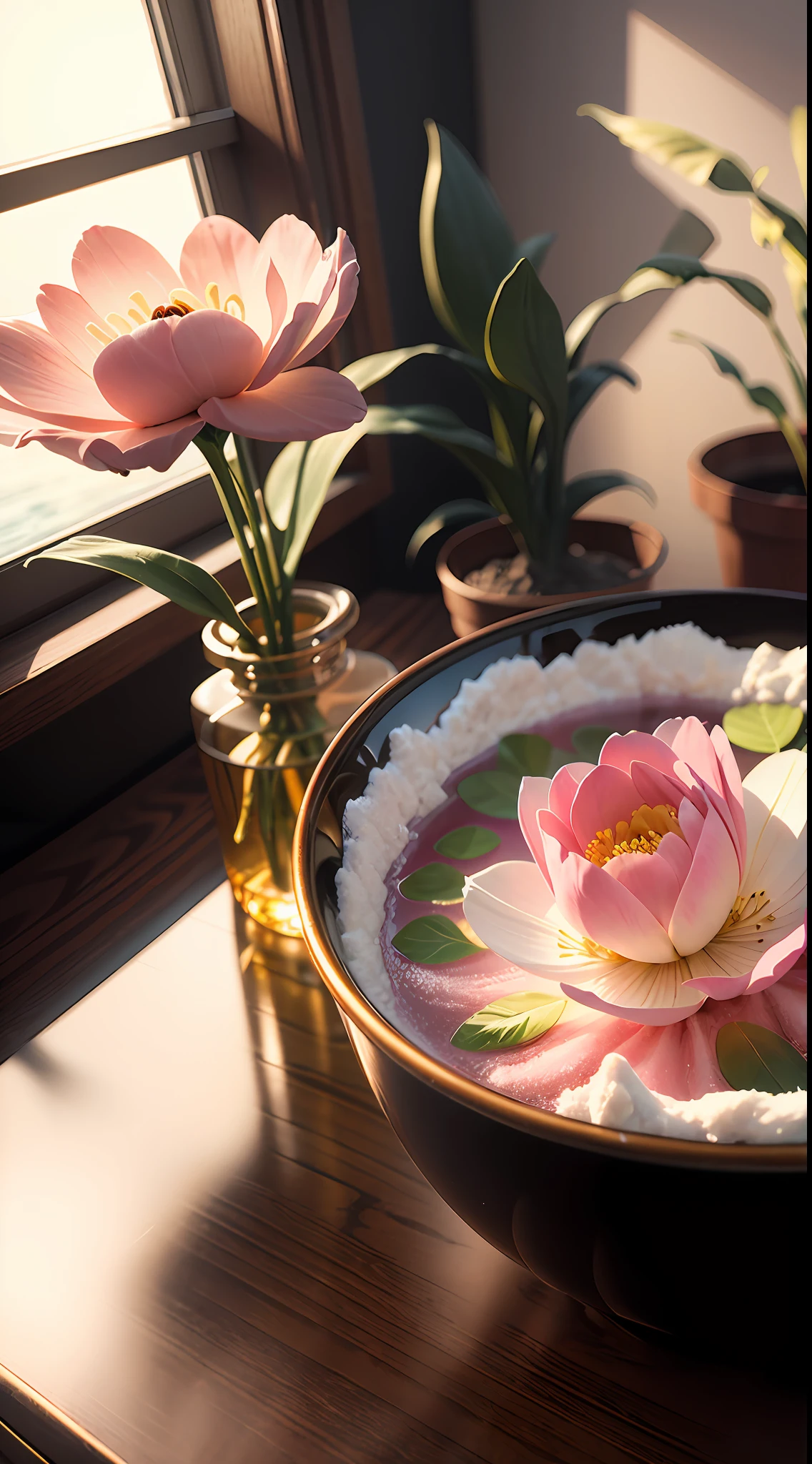 Seaside window view,Ocean-like perfume interior,Translucent melts,Transparent glass material,Clean and transparent,ultra-realistic realism,luxury goods,Noble,femminine,designer touch,Contour light,Medium view,Butterflies,An environment where flower petals float in the air,Light gold and light pink interior background rose or snowdrop or peony flower,senior color matching,Studio lighting,hyper-high detail,3D,oc rendered,HD,8K, --v 6