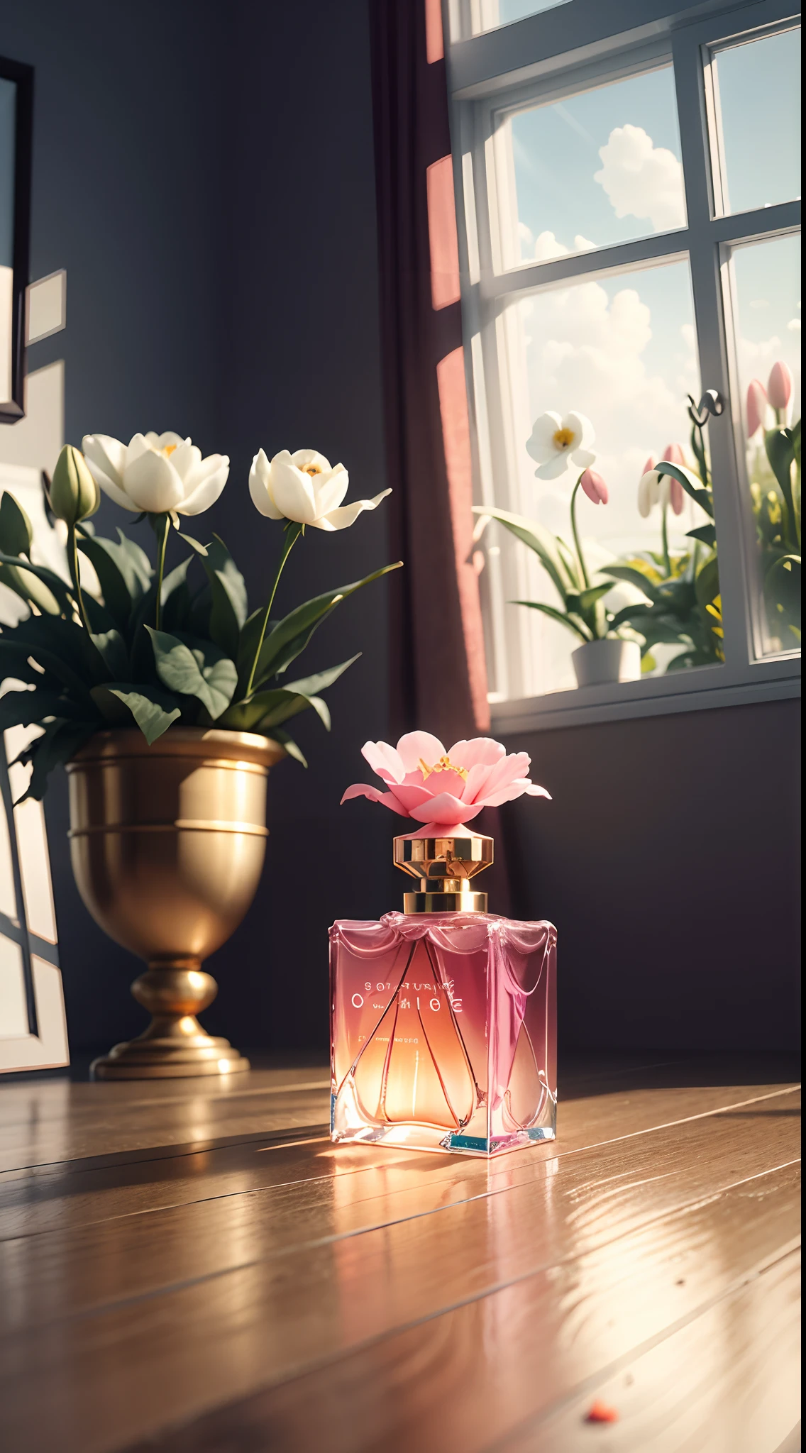 Seaside window view，Ocean-like perfume interior，Translucent melts，Transparent glass material，Clean and transparent，ultra-realistic realism，luxury goods，Noble，femminine，designer touch，Contour light，Medium view，Butterflies，An environment where flower petals float in the air，Light gold and light pink interior background rose or snowdrop or peony flower，senior color matching，Studio lighting，hyper-high detail，3D，oc rendered，HD，8K， --v 6