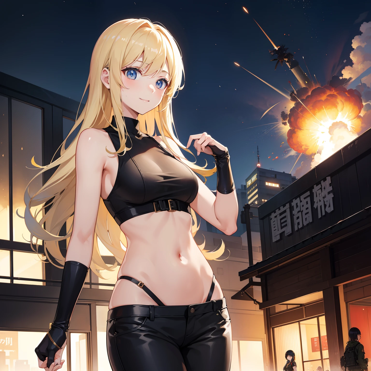 Explosion of a military base、big explosion、top-quality、​masterpiece、超A high resolution、girl with、cute little、middle school girl、semi long hair、A smile、the perfect body、beautiful countenance、Tindall Effect、Black tank top、Black skinny pants、during night、by night、a blond、Blonde girl、Blue eyes、A girl is blowing up a building、Invade the base