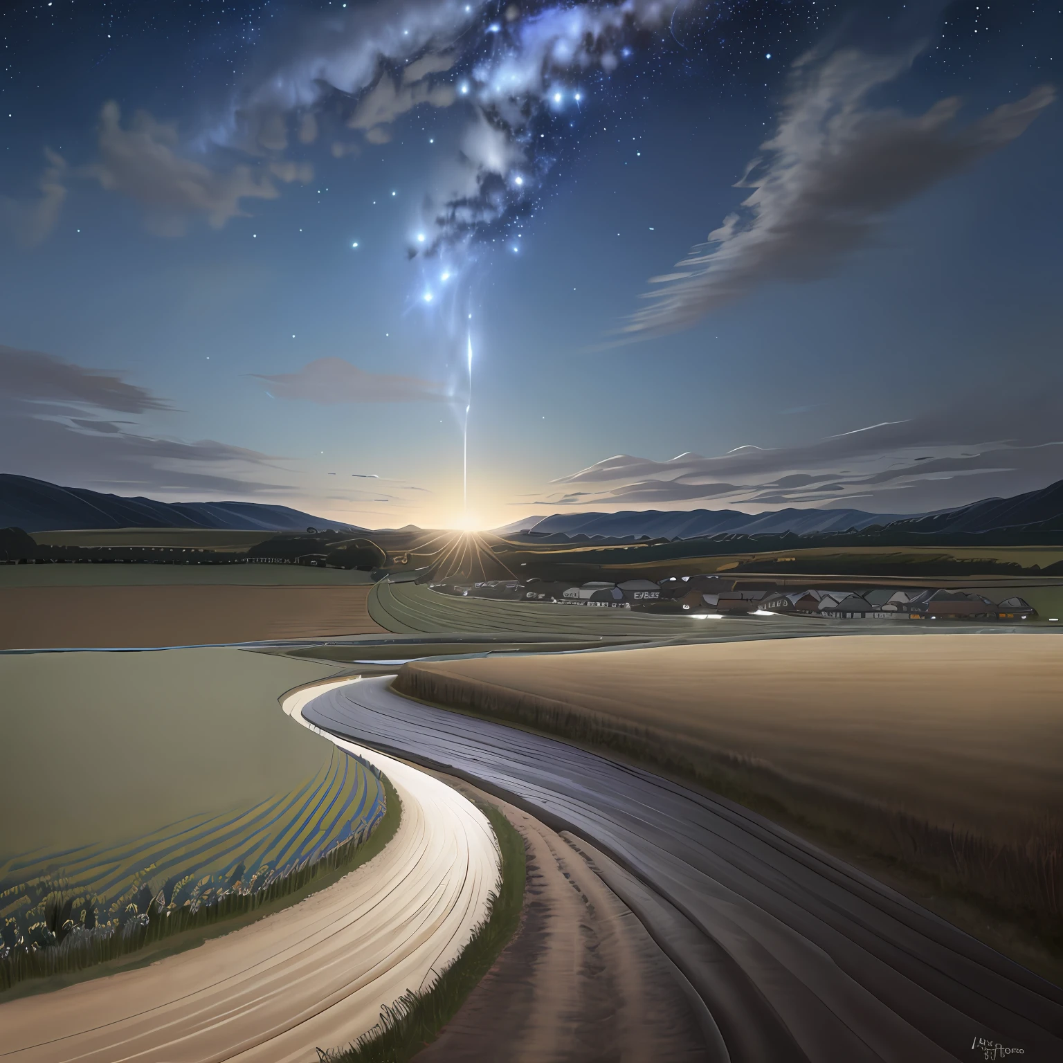 In a small village, The sky is full of crops.There is a field path, The sky is dark blue. There are many scattered stars in the sky, The clouds in the sky were blown and flowing. The stars are obvious,It's dazzling.,Many whirlpools flow slowly in the sky. HD picture,Real pictures