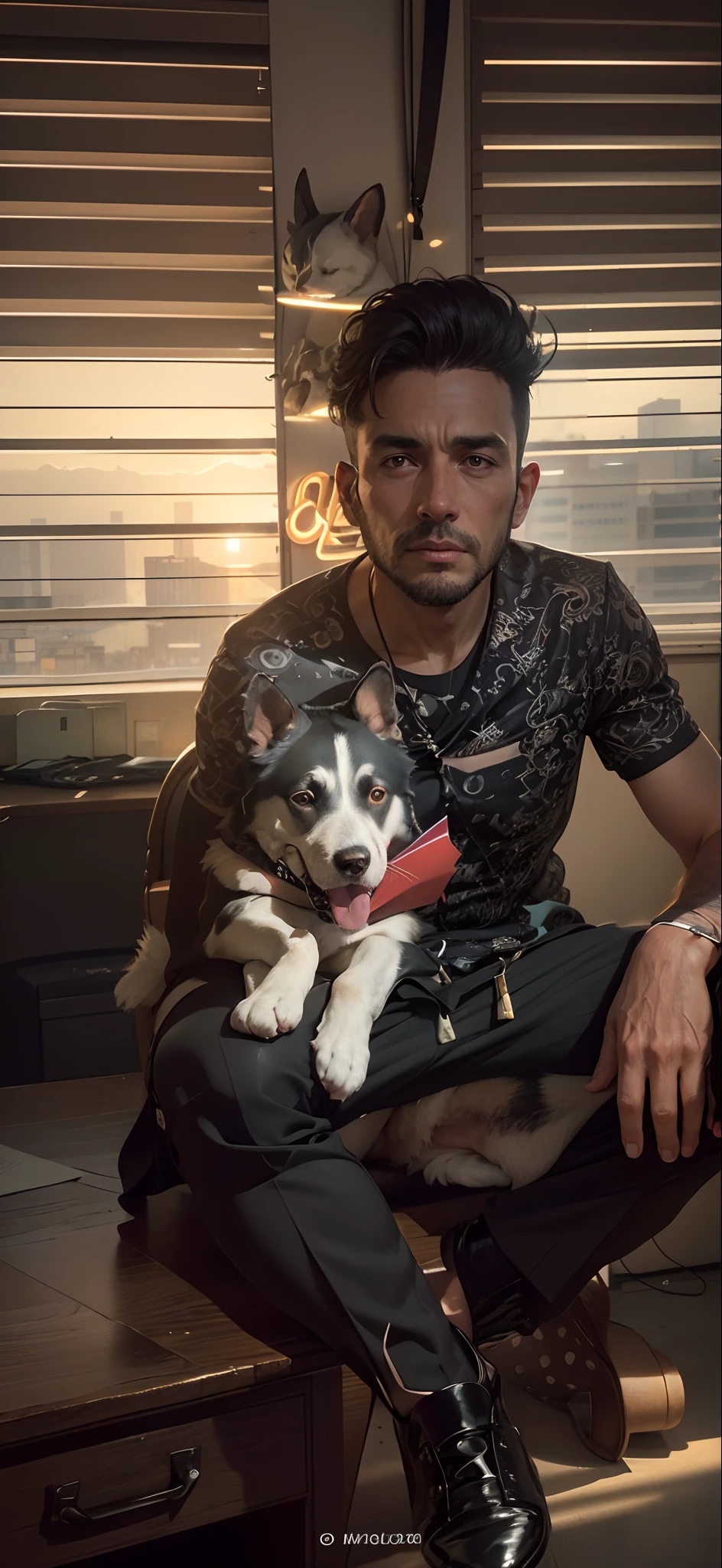 man in a black suit with a dog's head, sitting in an office, in the background a large window overlooking a city full of buildings