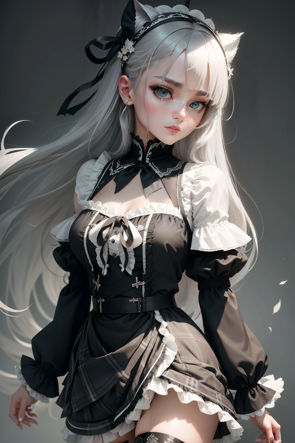 She has long silky silver-gray hair,Bright and emerald-like eyes,It exudes an incredible temperament。
Black and white,A short plaid pattern gothic skirt was draped over her body,The fluffy ruffled skirt and tight tunic outline the silhouette reminiscent of ginkgo leaves。And she tied it behind her waist,It's not a regular ribbon thing。