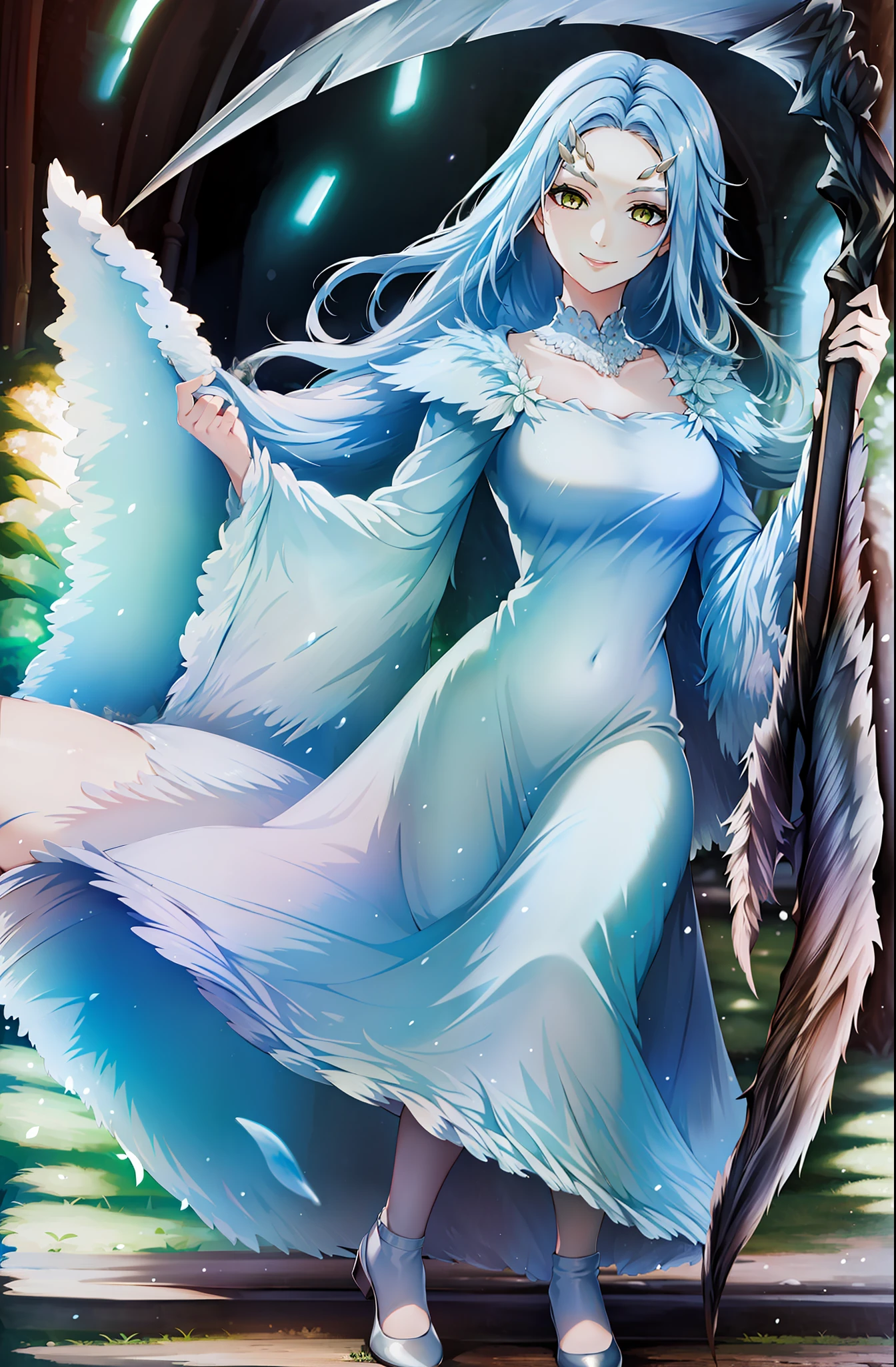 ((masterpiece)), ((best quality)), ((highres)), ((finely detail)), 1girl,priscilla the crossbreed, holding scythe, white dress, full body,smile