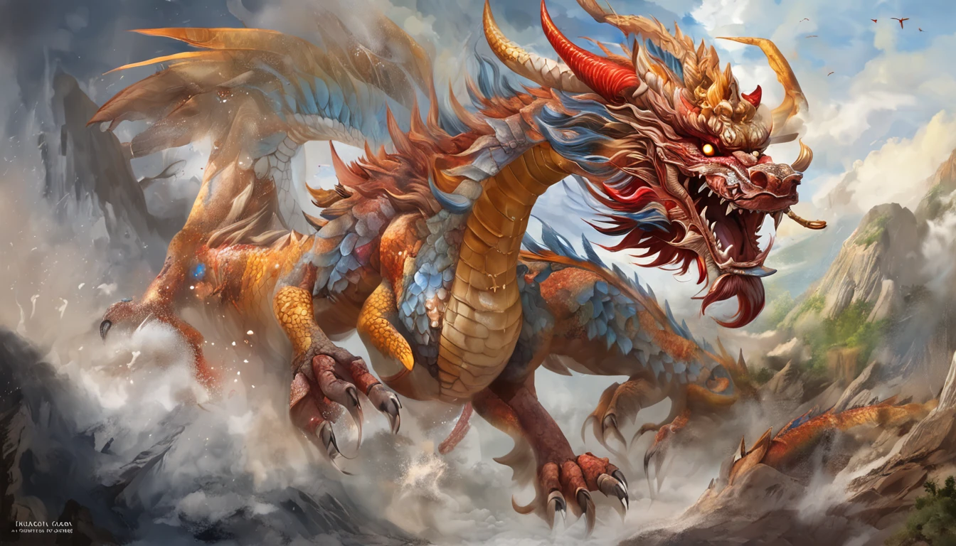 Chinese Dragon, full bodyesbian, drak, Extremely detailed Cg Unity 8K wallpaper), (Colorful:1.2), Long hair, Sharp teeth, Red eyes, teeth, Huge, Hires upscale: 1.7, Hires upscaler: 4x_NMKD-Siax_200k, Noise Removal Strength: 0.45, Lifelike texture, Dynamic Angle, (((+++Lightning is intertwined with the body///))), Colorful auspicious clouds, shadowing, Atmospheric perspective, in a panoramic view, Wide shot, 16k, Anatomically correct, Super detail