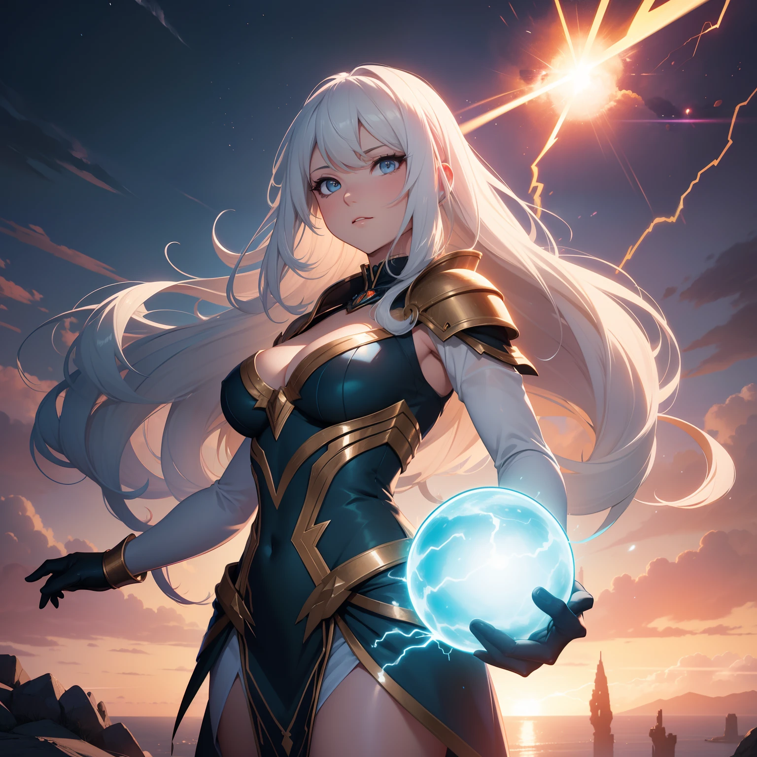 (masterpiece, best quality, photorealistic, cinematic), wide shot, full body, front view, anime girl, silver luminous hair, standing on a mountain cliff with a glowing white ball in her hands, perfect hands, nice hands, seaside, sunset, artgerm and atey ghailan, electricity surround her, 2. 5 d cgi anime fantasy artwork, in the art style of mohrbacher, the thunder sorceress casting a thunderball, artgerm and rossdraws, wreathed in electricity, rossdraws global illumination, thunder spell