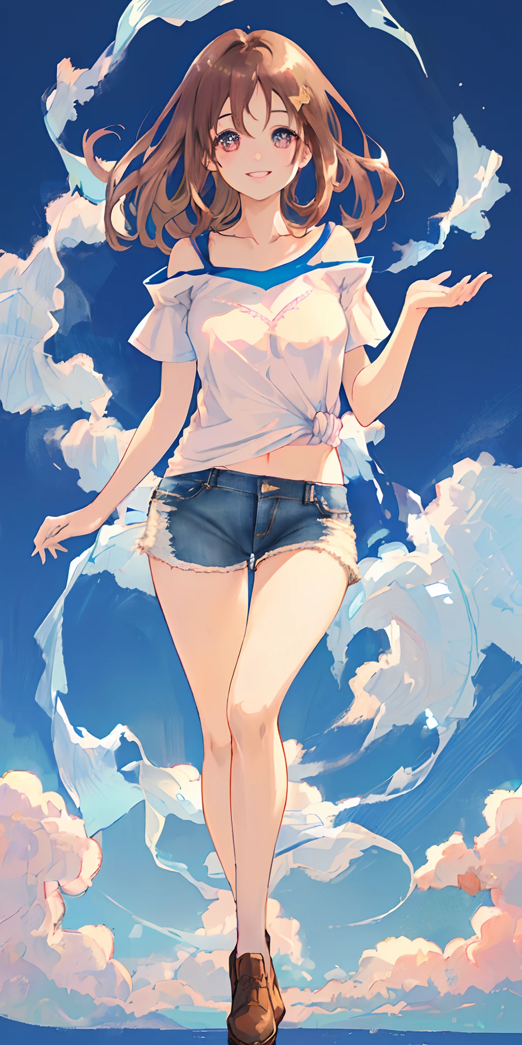 Realistic, textured skin, {best quality}, {highres}, beautiful and charming anime girl, full body photo, 28 years old, delicate and charming round face, smiling, slender and charming figure, delicate and charming collarbone, air bangs , dark hair, bright peach eyes, pink lips, double eyelids, deep cleavage, (blue appliquéd cotton jersey T-shirt, crafted from cotton jersey, classic crew neck and dropped shoulders, denim shorts), casual pose, bright background