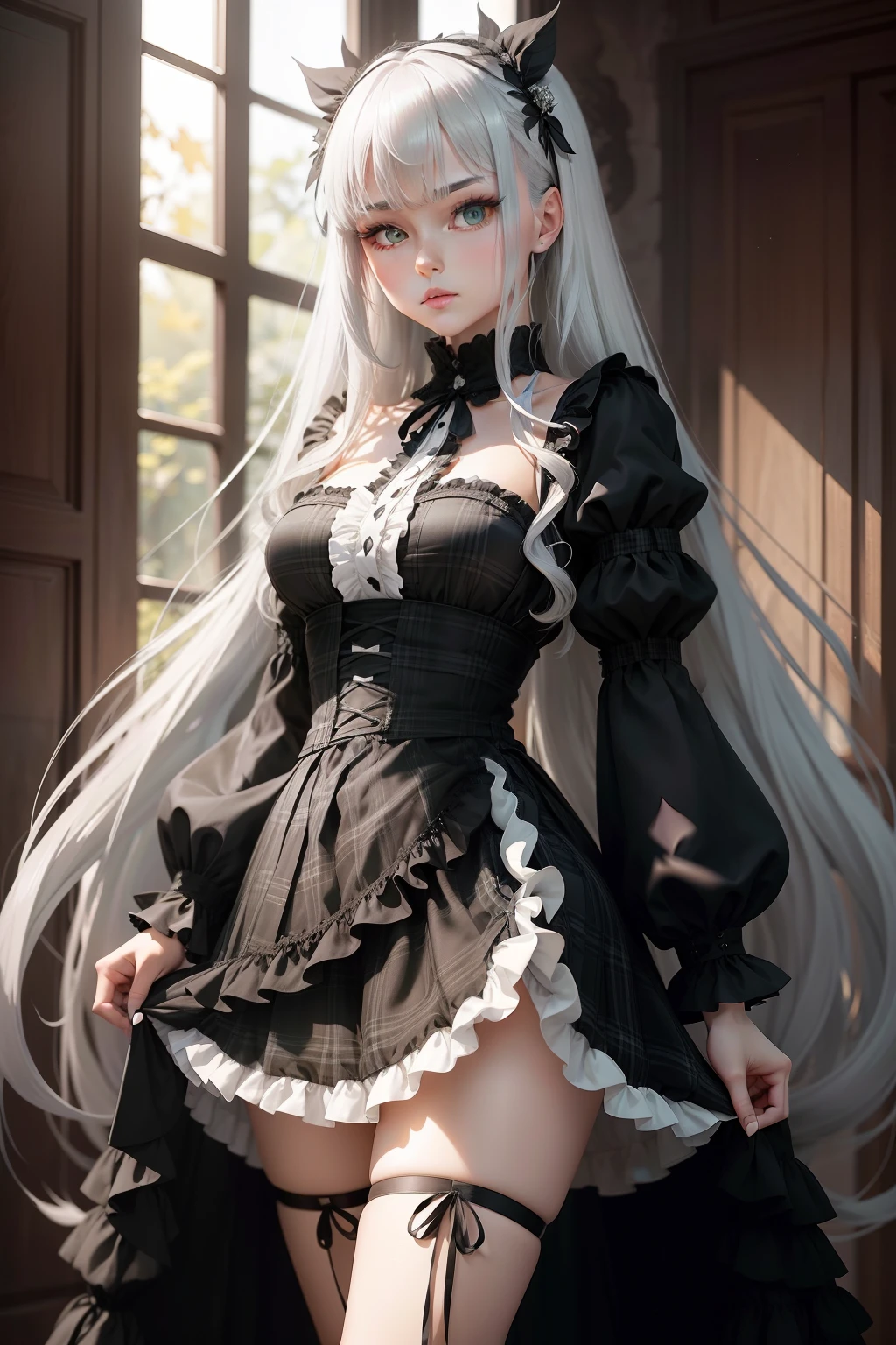 She has long silky silver-gray hair,Bright and emerald-like eyes,It exudes an incredible temperament。
Black and white,A short plaid pattern gothic skirt was draped over her body,The fluffy ruffled skirt and tight tunic outline the silhouette reminiscent of ginkgo leaves。And she tied it behind her waist,It's not a regular ribbon thing。