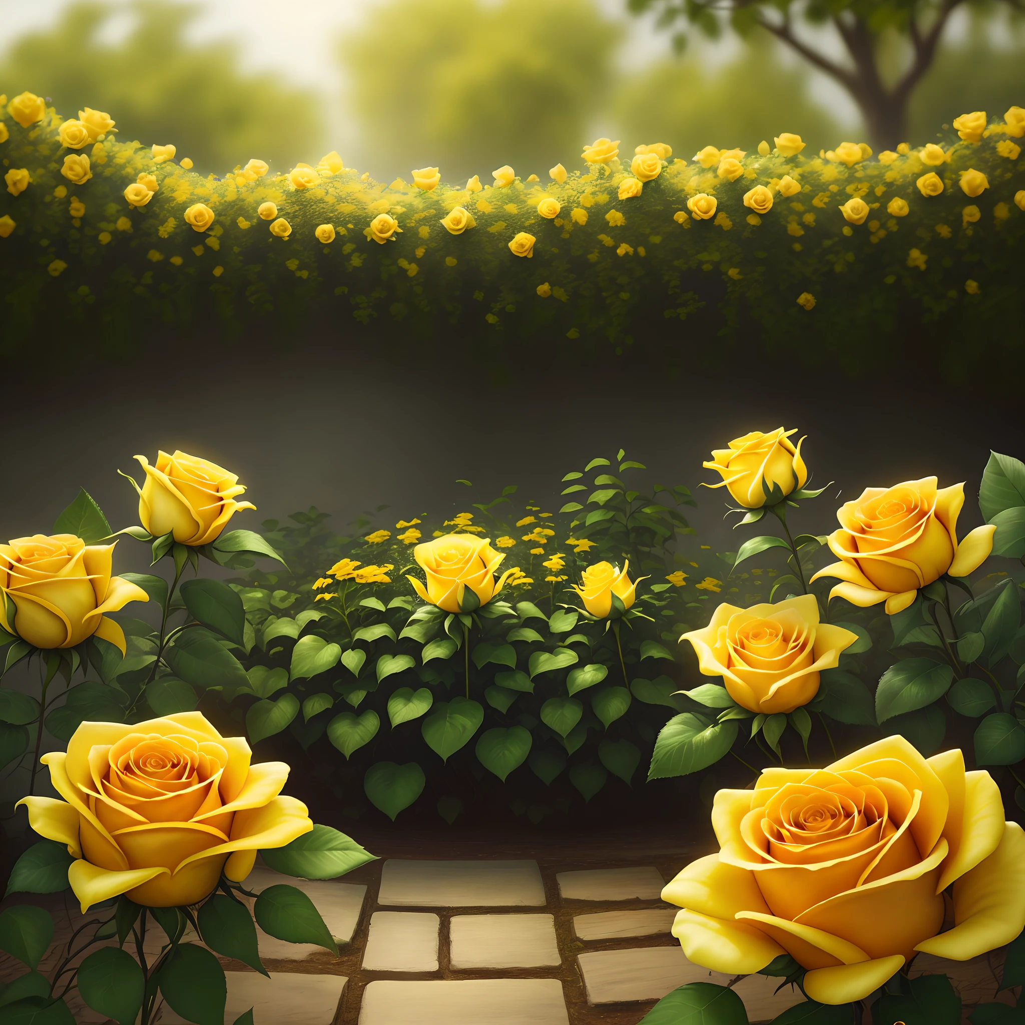 Gorgeous yellow roses in a gorgeous garden, with dew drops, soft cinematic background slightly blurred, masterpiece, best quality, 4k, HD
