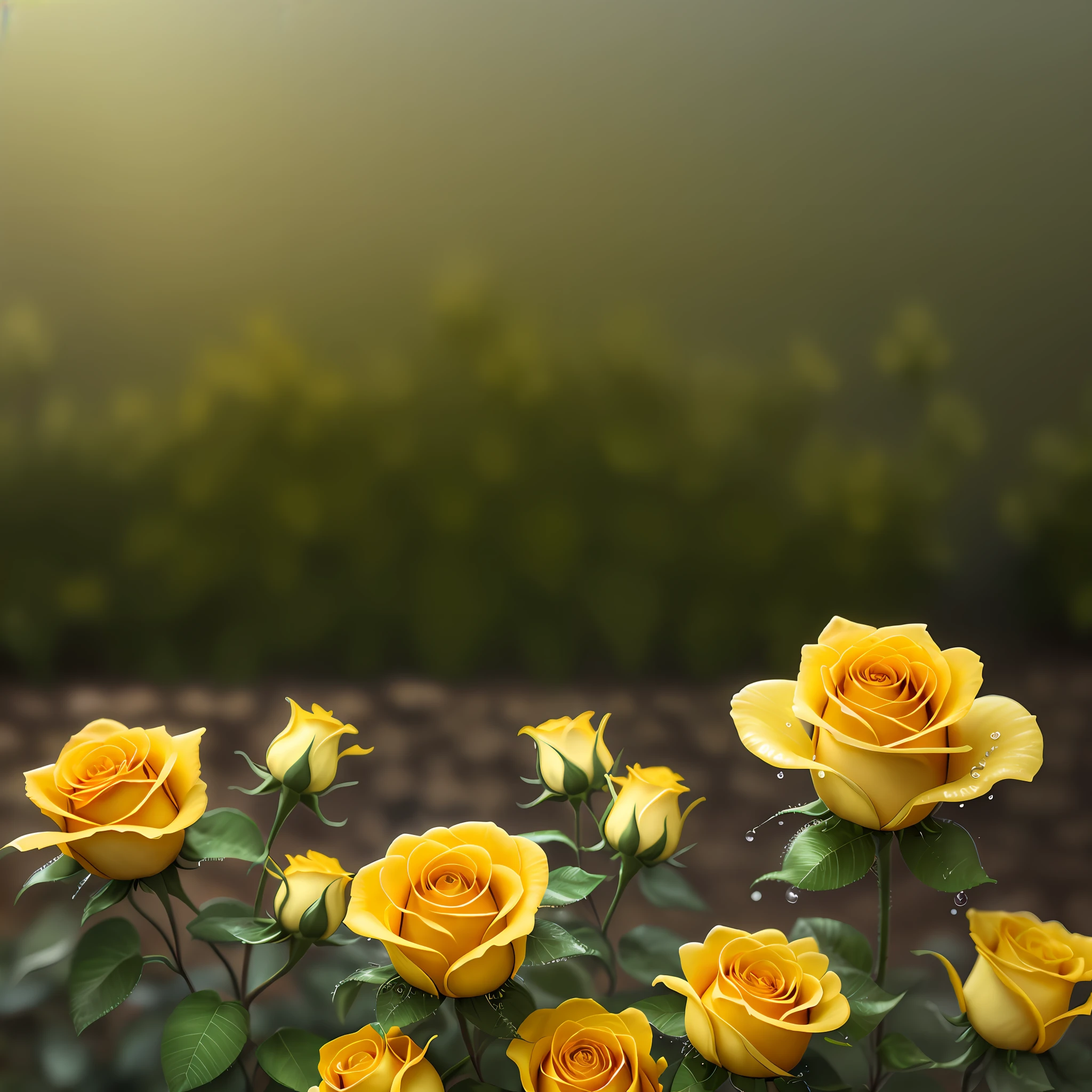 Gorgeous yellow roses in a gorgeous garden, with dew drops, soft cinematic background slightly blurred, masterpiece, best quality, 4k, HD
