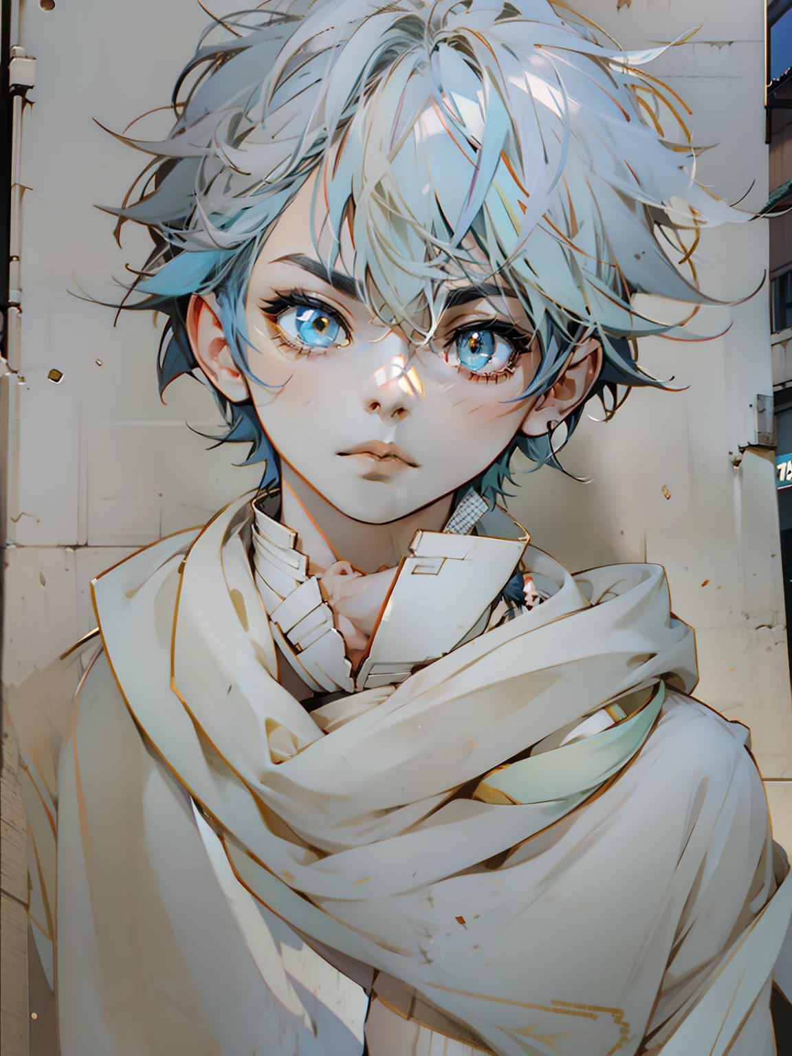 blue hairs，short detailed hair，red pupils, Yellow anime boy, walking at street, full bodyesbian:: Sunny weather::, made with anime painter studio, Urban Boy Works, full body portrait of a short!, Makoto shinkai style, Anime wear beautiful clothes, drawn in anime painter studio, 3 D painting，Open your mouth with a surprised expression，Figure-eight eyebrows