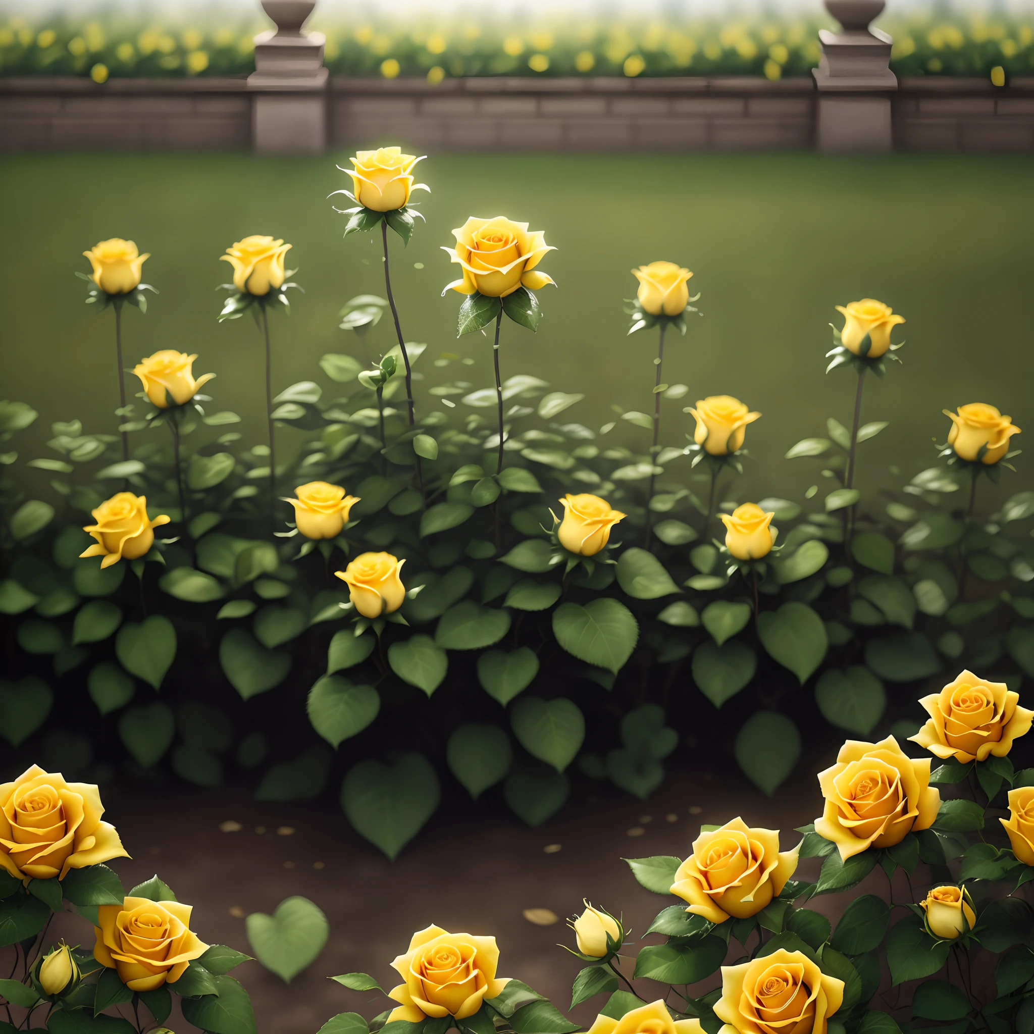 Gorgeous yellow roses in a gorgeous garden, with dew drops, soft cinematic background slightly blurred, masterpiece, best quality, 4k, HD