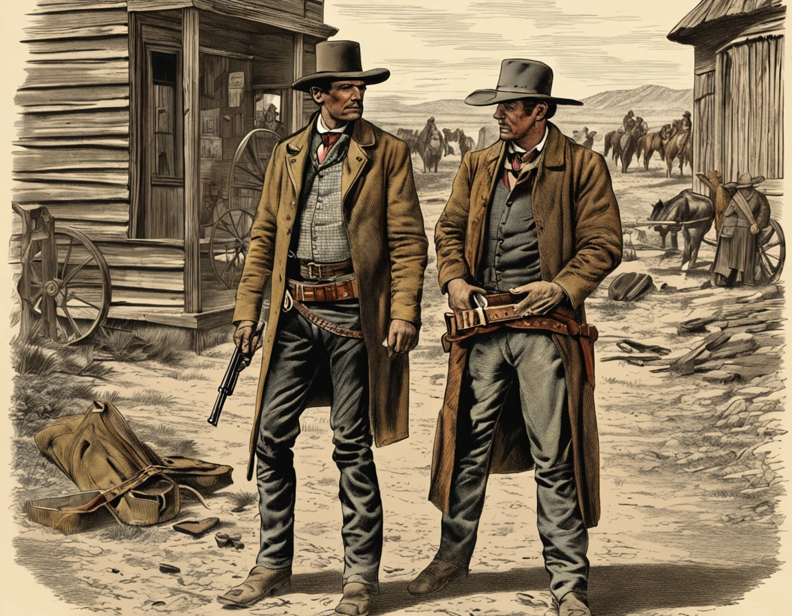 Old West American - Drawing - Two gunmen dueling in the street - realistic - Cinematic - Colorized -- ar 16:9
